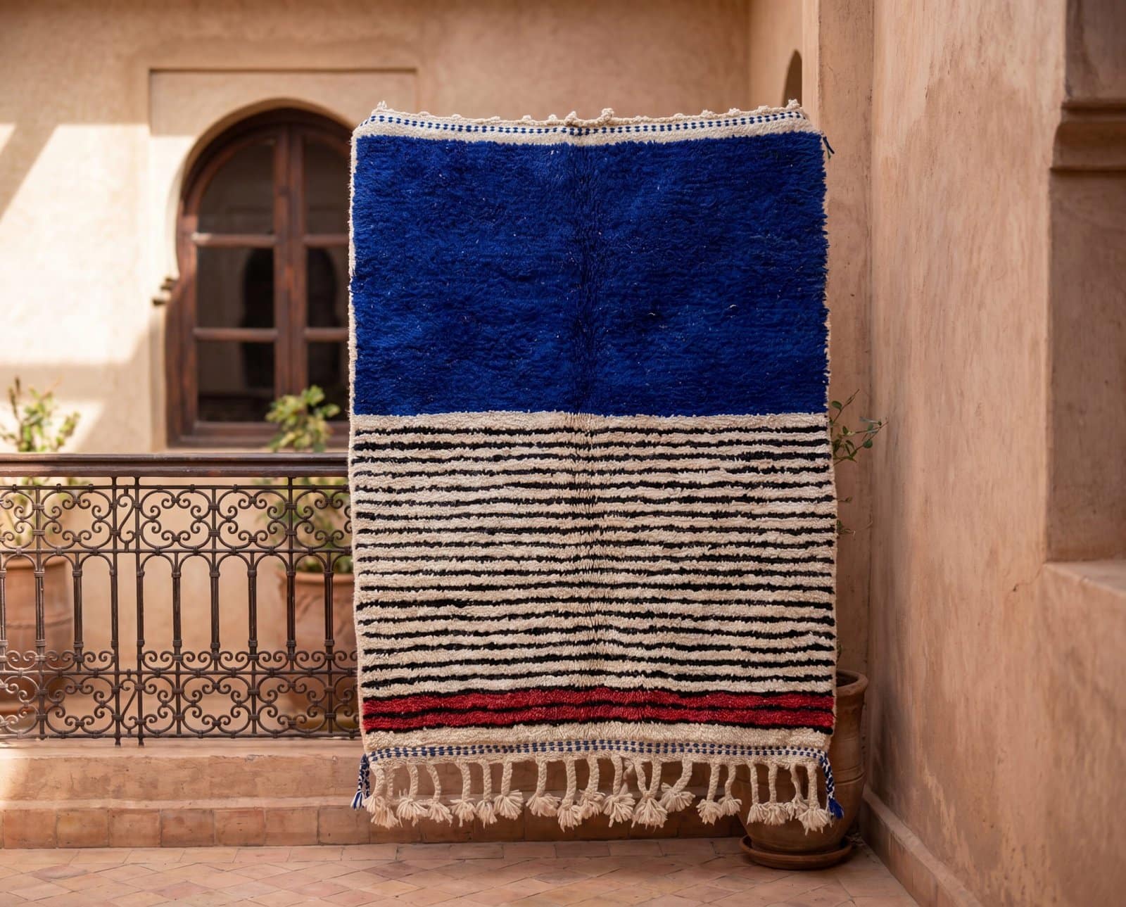 cozy-bohemian-moroccan-rug-blue-white-red-handwoven Cobalt Blue Berber Rug | Authentic Handwoven Wool Tribal Moroccan Area Rug