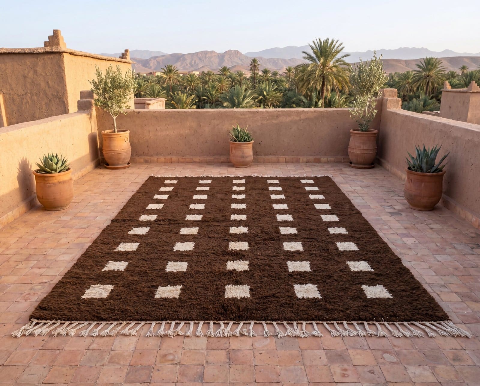 cozy-moroccan-wool-rug-neutral-boho-living-room-rug Custom Moroccan Rug, Beni Ourain Brown & White Geometric, Square Shag Rug, Handmade Area Rug