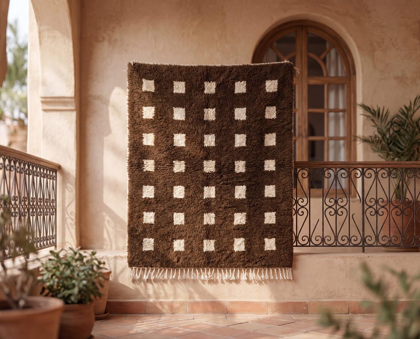 cozy-moroccan-wool-rug-neutral-boho-rug Custom Moroccan Rug, Beni Ourain Brown & White Geometric, Square Shag Rug, Handmade Area Rug