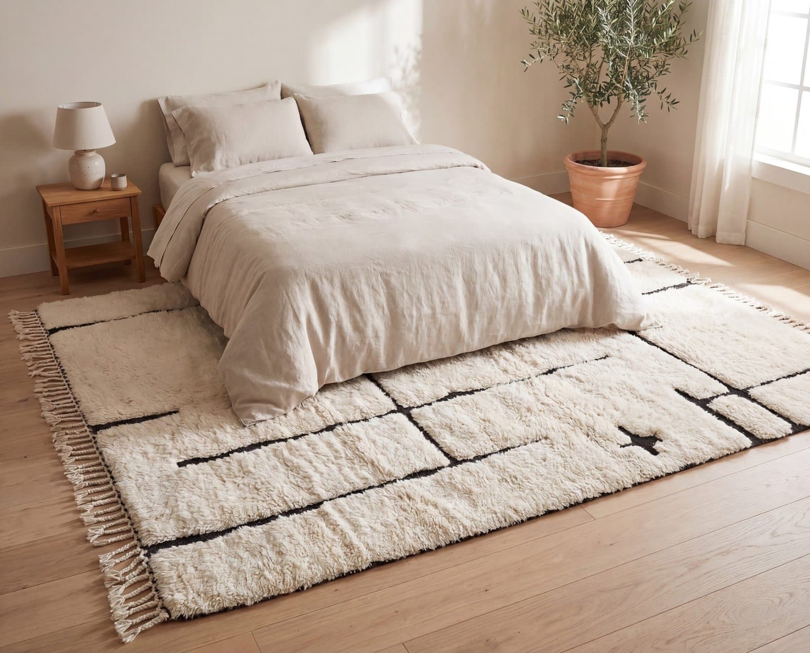 cream-area-rug-neutral-boho-rug-custom-size-wool-rug Handmade Ivory Moroccan Beni Mrirt Rug, High Pile Wool Berber Carpet