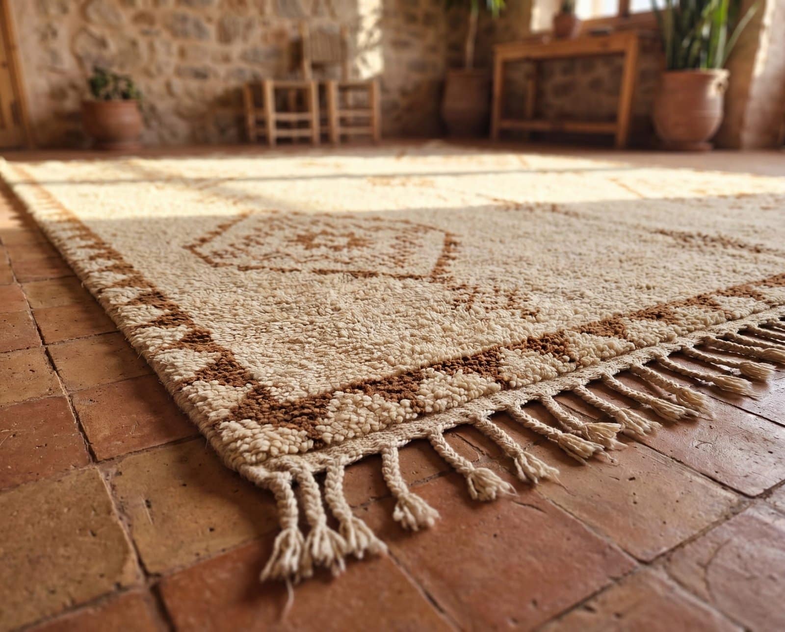 cream-beni-ourain-style-rug-tribal-geometric Handmade Moroccan Wool Rug, Plush creamy wool base with brown geometric motifs