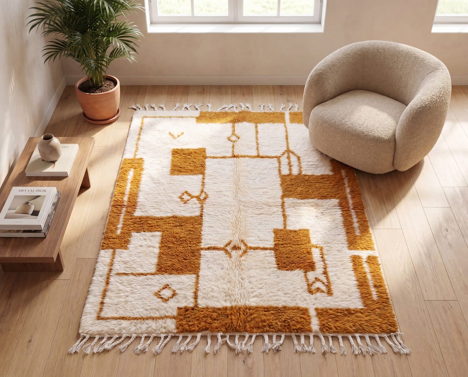 cream-moroccan-art-rug-natural-wool-beni-ourain-rug Beni Ourain Rug, Plush creamy wool base with brown geometric motifs, Berber Rug, Home Decor Rug.