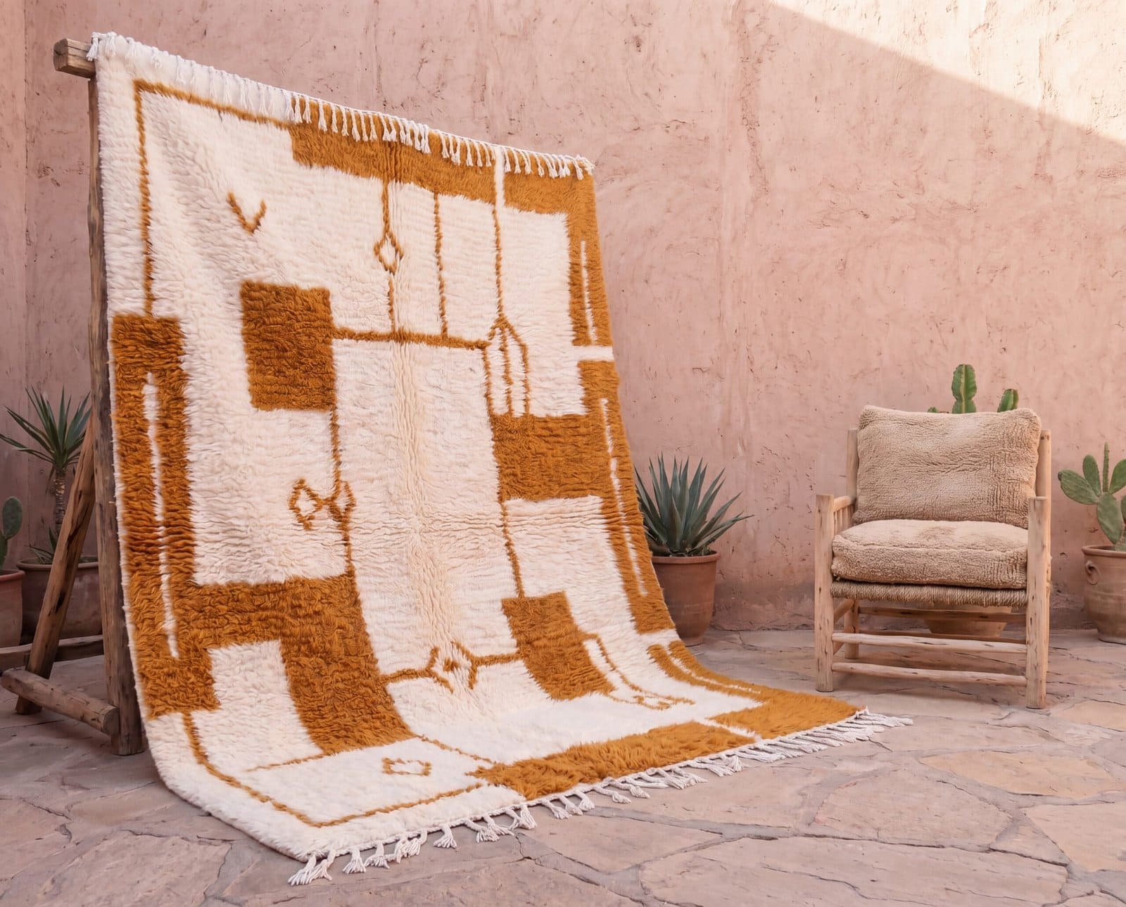 cream-moroccan-rug-beni-ourain-rug-ivory-white-brown-wool-rug Beni Ourain Rug, Plush creamy wool base with brown geometric motifs, Berber Rug, Home Decor Rug.