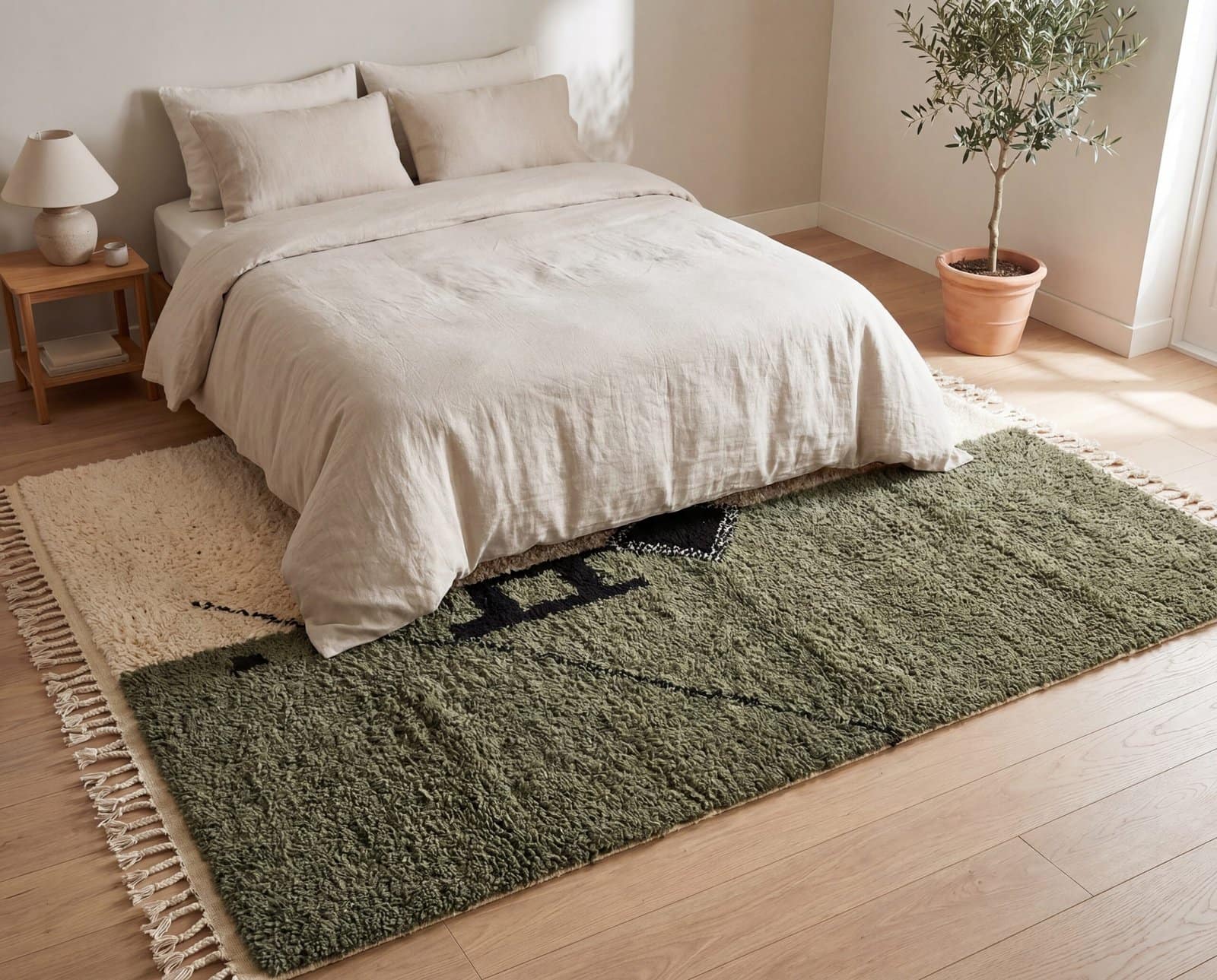 custom-beni-ourain-rug-green-cream-wool-carpet Olive Green Beni Ourain Rug- Handmade Moroccan Wool Carpet - Minimalist Berber Shag Rug