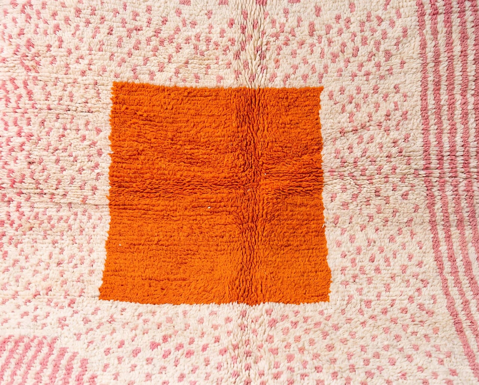 custom-berber-rug-pink-orange-geometric-moroccan-carpet Handmade Moroccan Beni Ourain Rug – Pink Stripes, Orange Square Center, Boho Wool Carpet