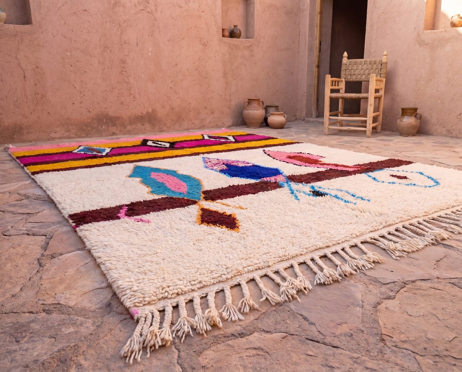 custom-size-moroccan-rug-plush-berber-area-carpet Pink Moroccan Berber Rug | Handmade Colorful Wool Area Rug | Plush Boho Tribal Carpet | Cream Living Room Decor | Custom Size