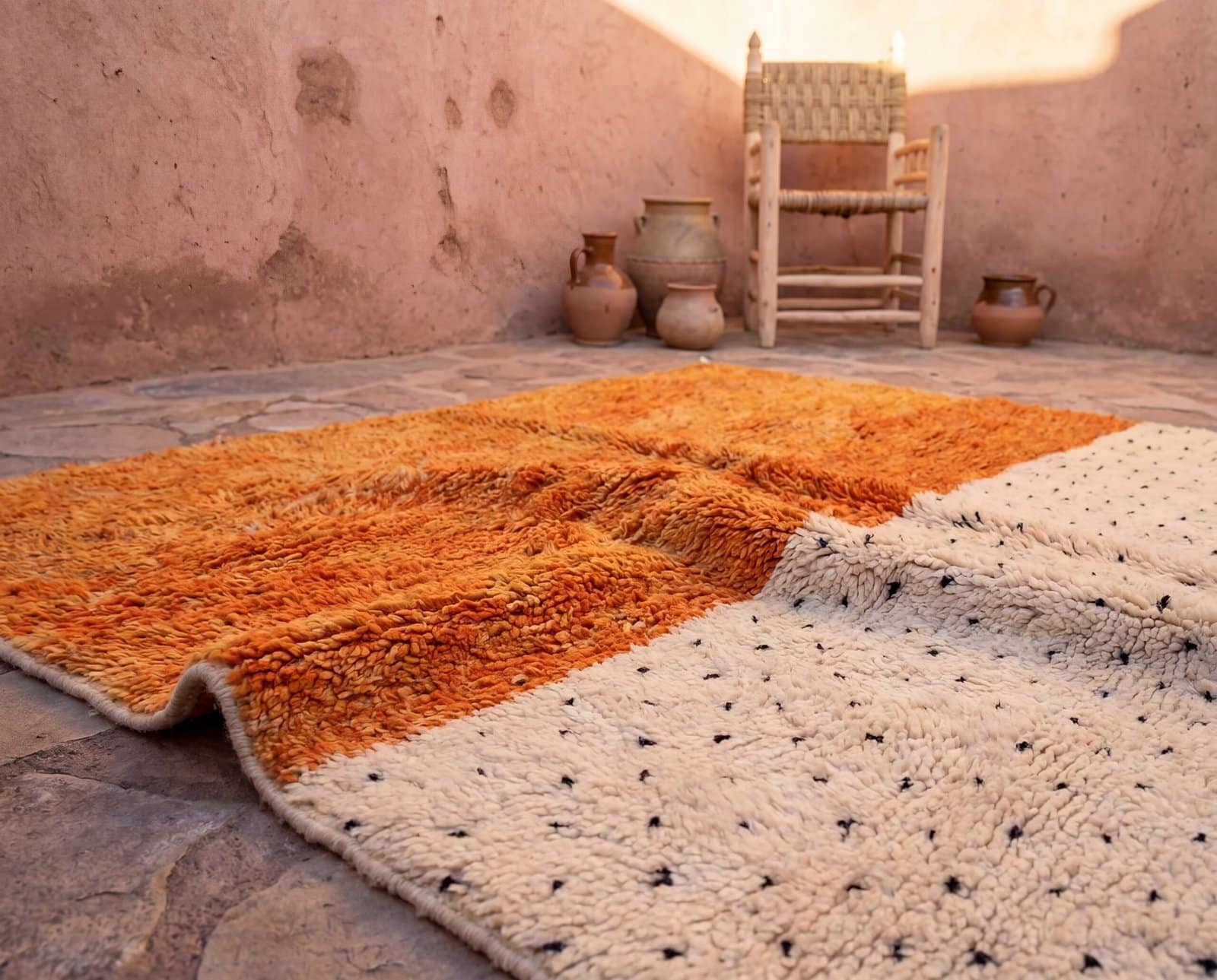 earthy-tone-moroccan-rug-burnt-orange-handmade-wool-cozy-home Orange & White Polka Dot Moroccan Rug | Handmade Berber Wool Rug | Boho Nursery , Living Room Decor