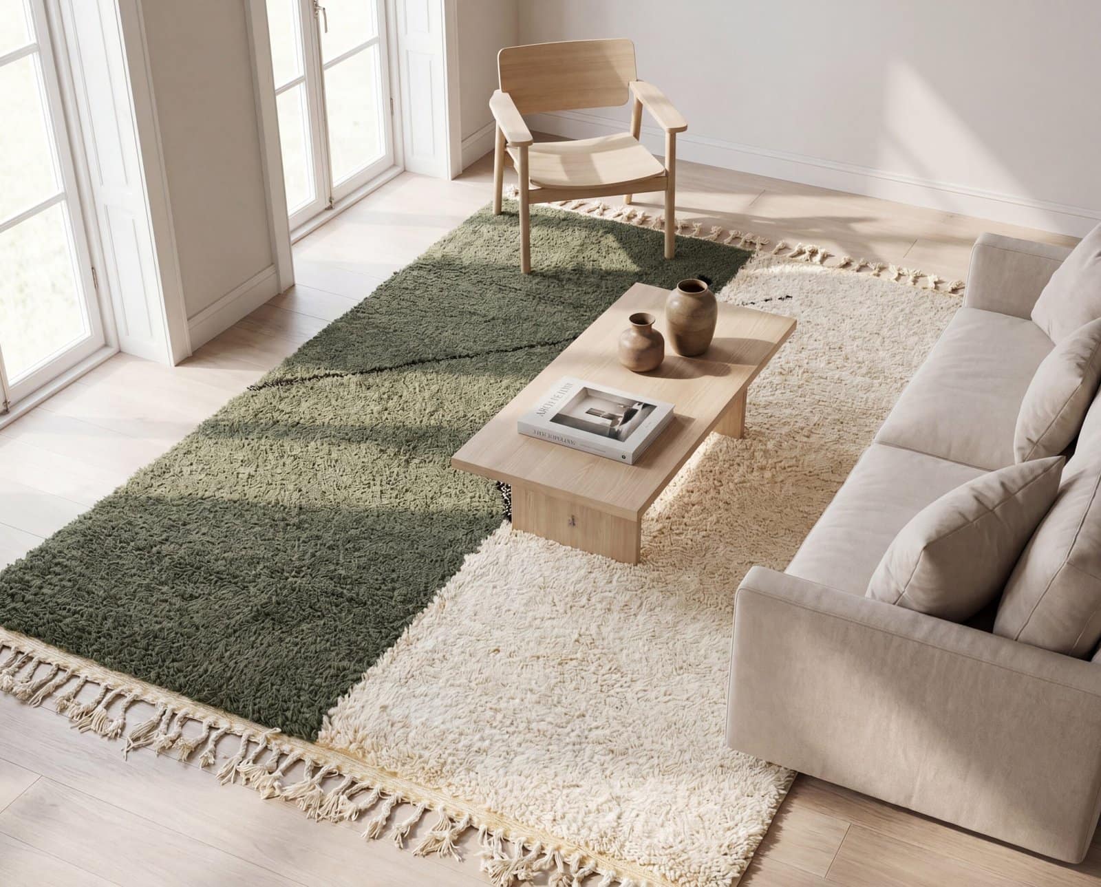 green-and-ivory-tribal-rug-soft-wool-area-rug Olive Green Beni Ourain Rug- Handmade Moroccan Wool Carpet - Minimalist Berber Shag Rug