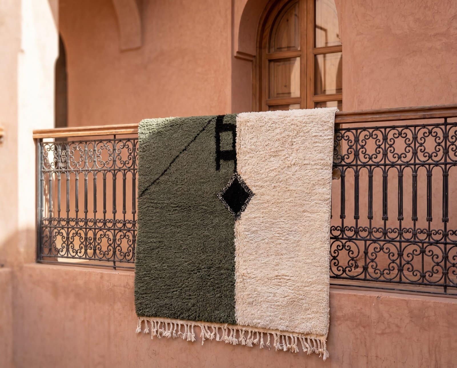 green-ivory-moroccan-rug-berber-shag-area-rug Olive Green Beni Ourain Rug- Handmade Moroccan Wool Carpet - Minimalist Berber Shag Rug