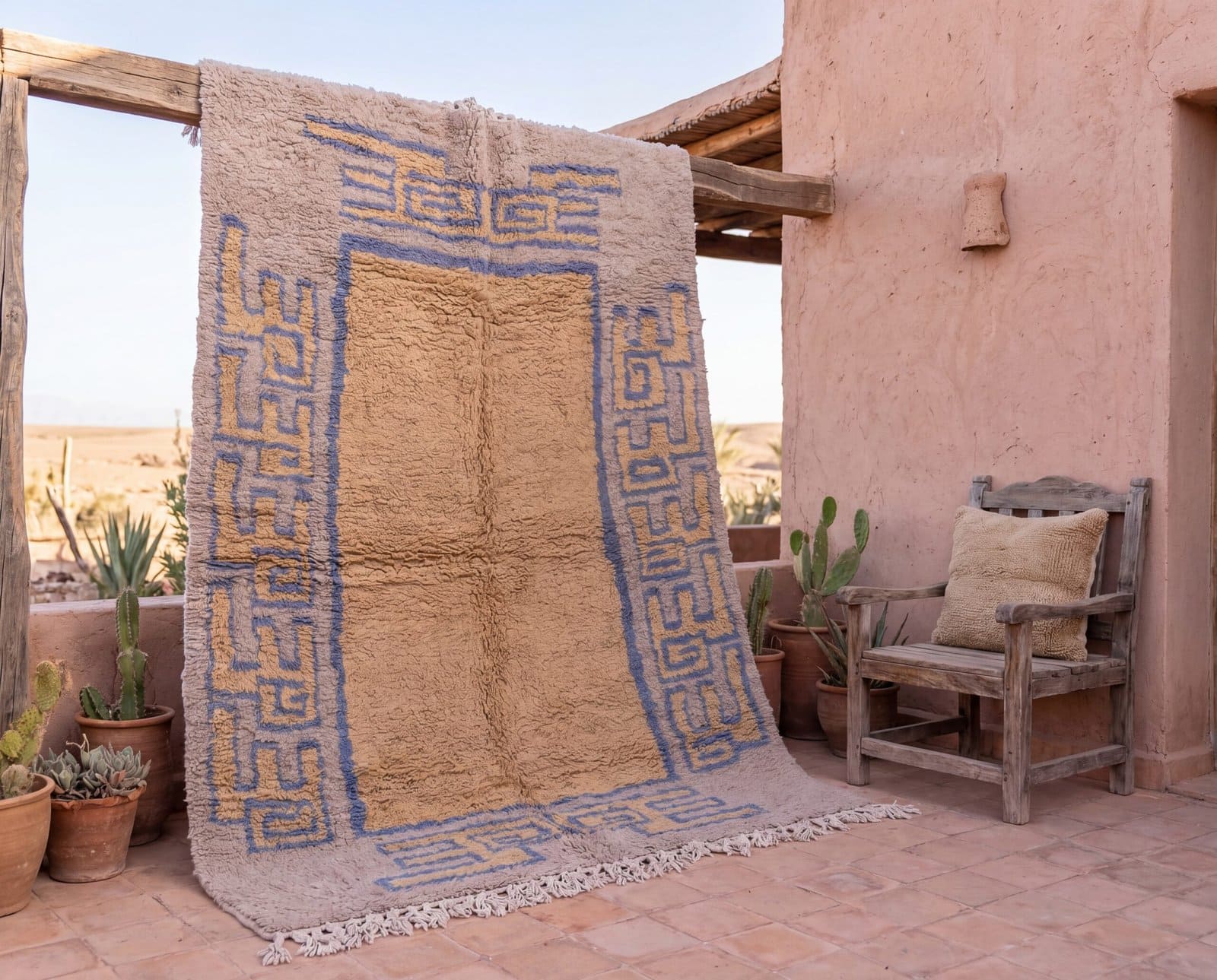 grey-handmade-moroccan-wool-rug Handwoven Beni Ourain Rug, Geometric Wool Moroccan Carpet, Light Blue Grey Mustard