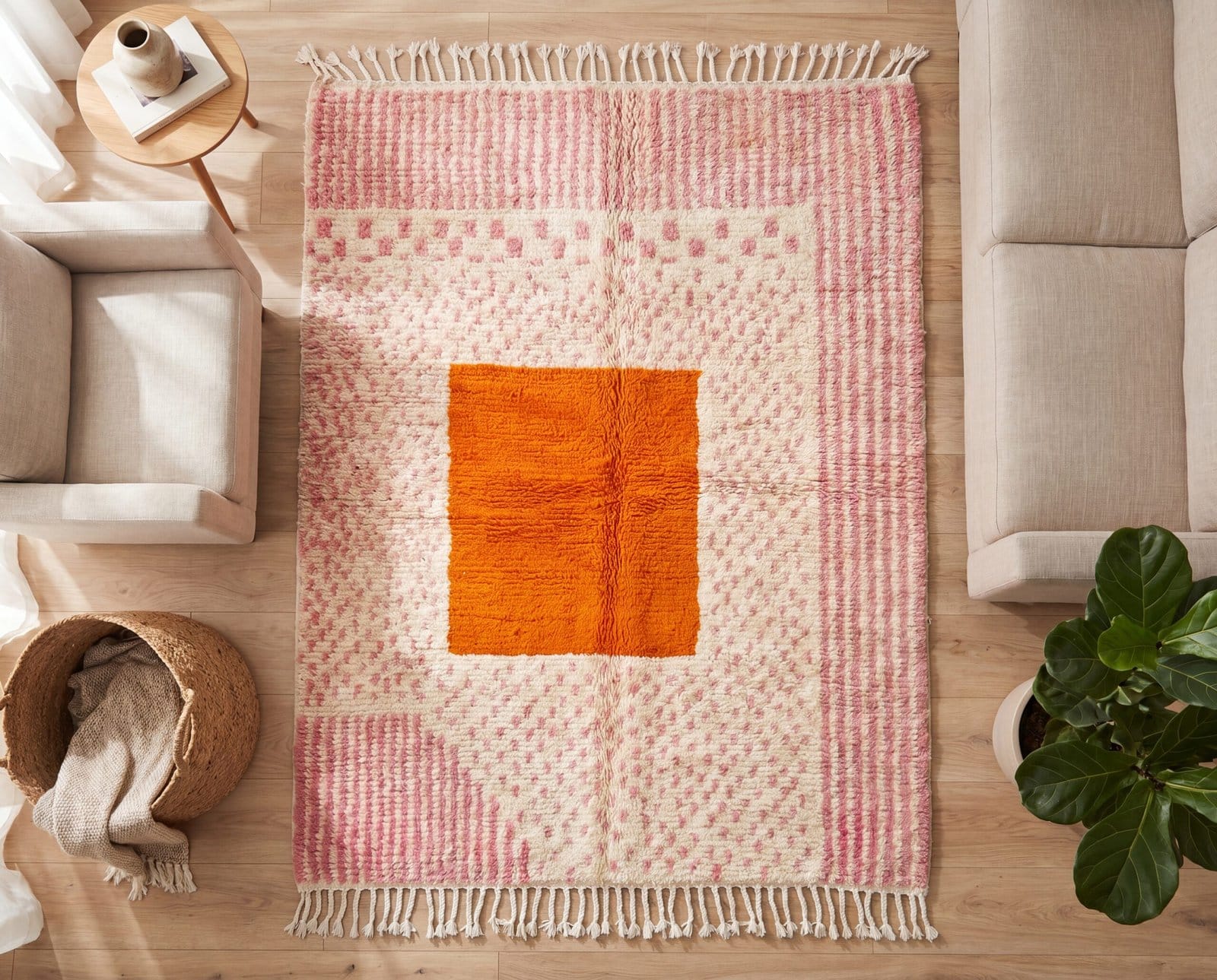 handmade-beni-ourain-rug-modern-pink-boho-decor Handmade Moroccan Beni Ourain Rug – Pink Stripes, Orange Square Center, Boho Wool Carpet