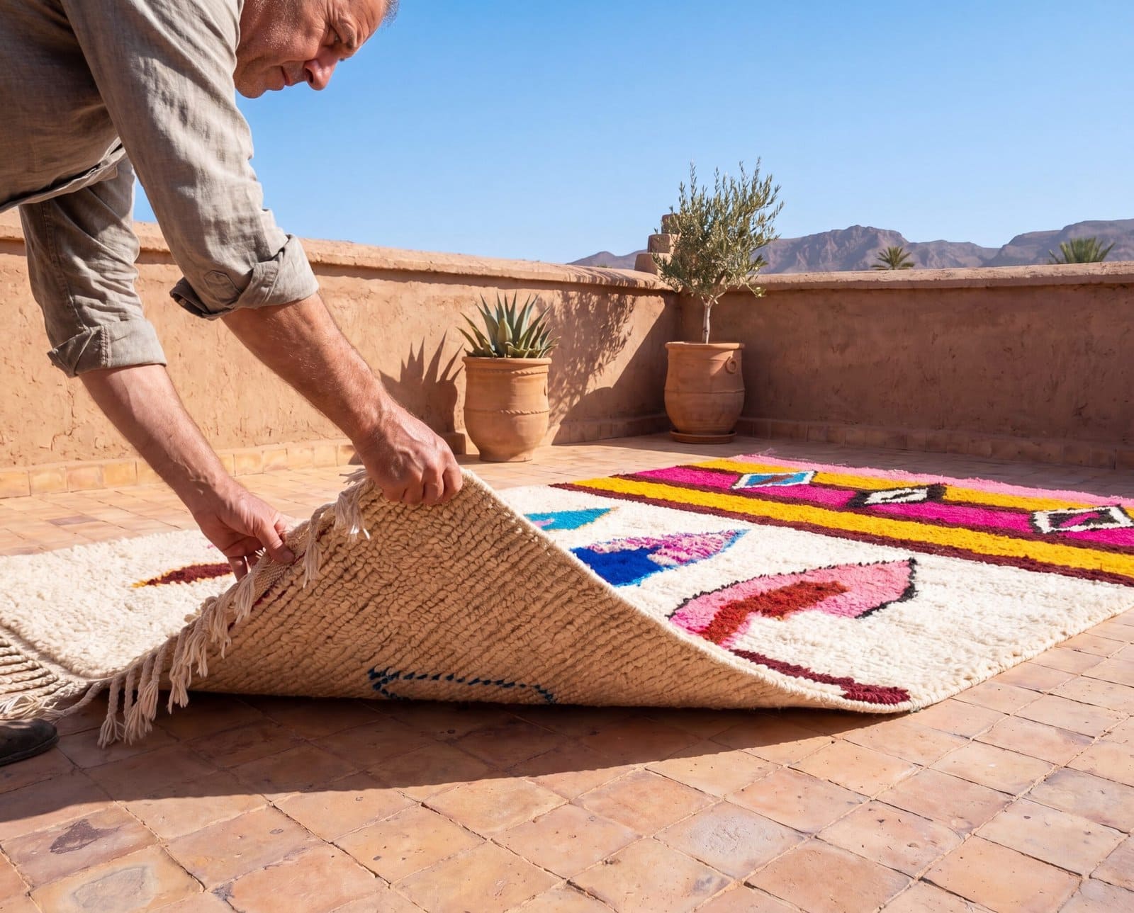 handmade-berber-rug-pink-yellow-geometric-carpet Pink Moroccan Berber Rug | Handmade Colorful Wool Area Rug | Plush Boho Tribal Carpet | Cream Living Room Decor | Custom Size