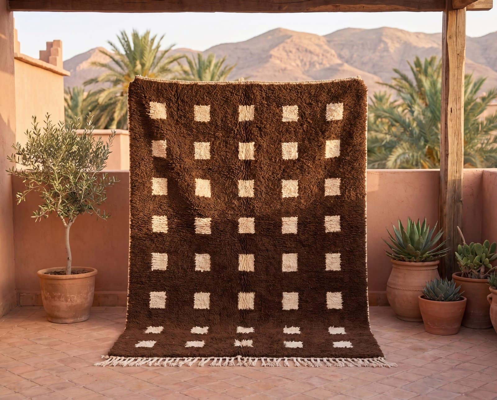handmade-brown-moroccan-rug-berber-wool-area-rug Custom Moroccan Rug, Beni Ourain Brown & White Geometric, Square Shag Rug, Handmade Area Rug