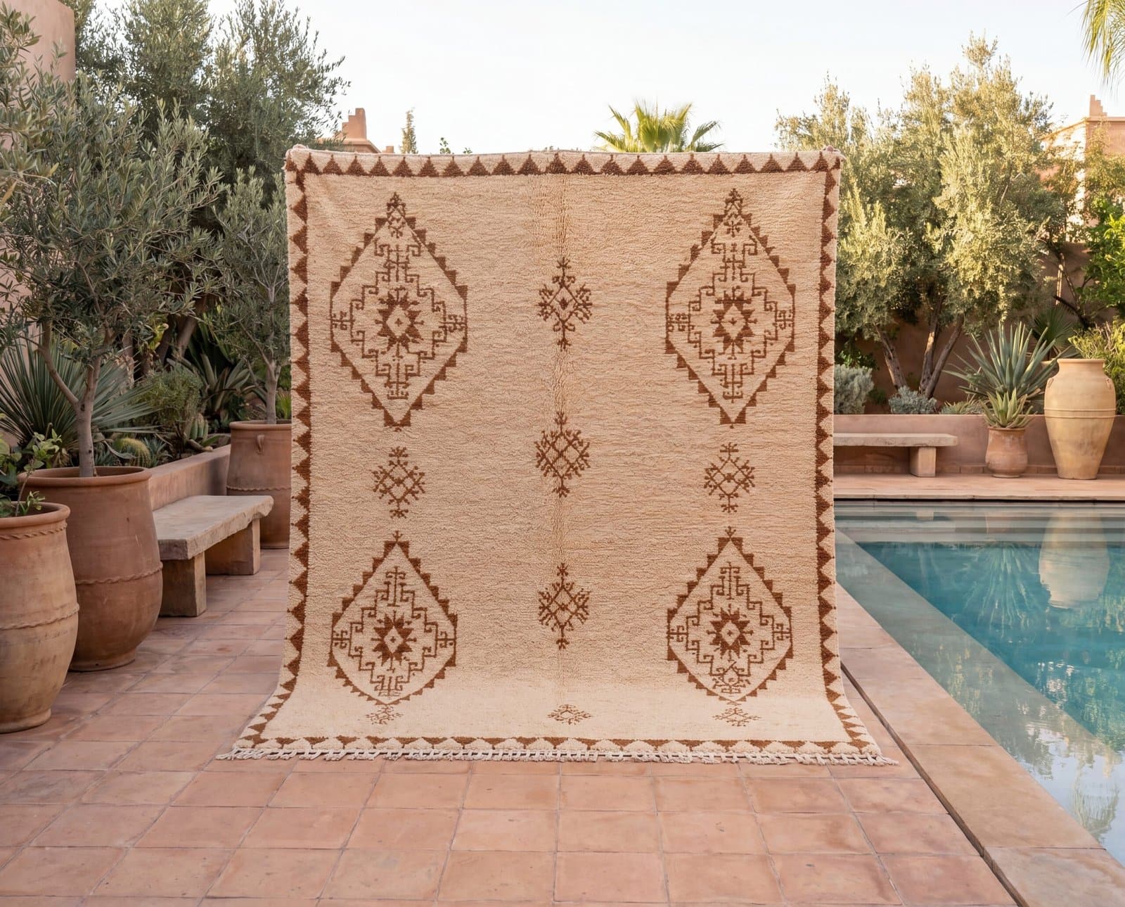 handmade-cream-moroccan-rug- Handmade Moroccan Wool Rug, Plush creamy wool base with brown geometric motifs