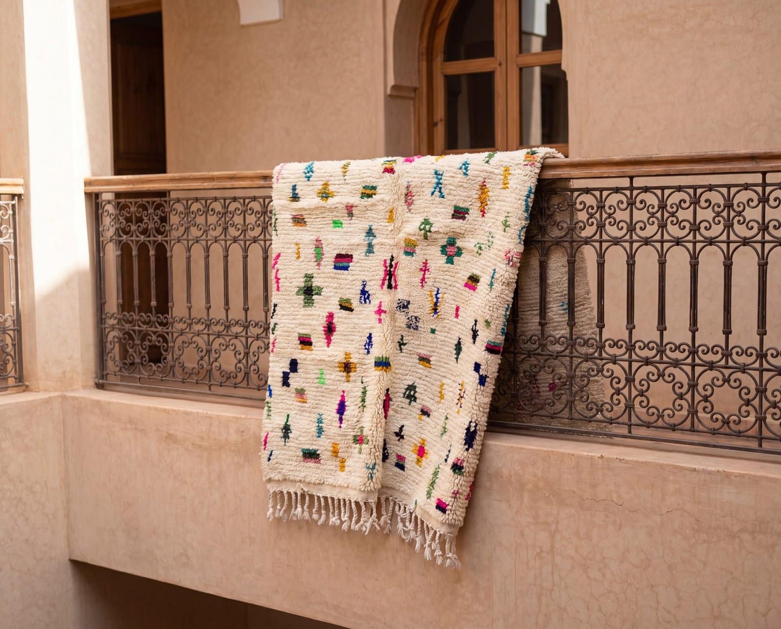 handmade-moroccan-azilal-rug-colorful-berber-rug Amazigh Symbol Moroccan Rug | Handmade Berber Wool Carpet | Tifinagh Geometric Area Rug | Tribal Boho Home Decor | Custom Size Rugs