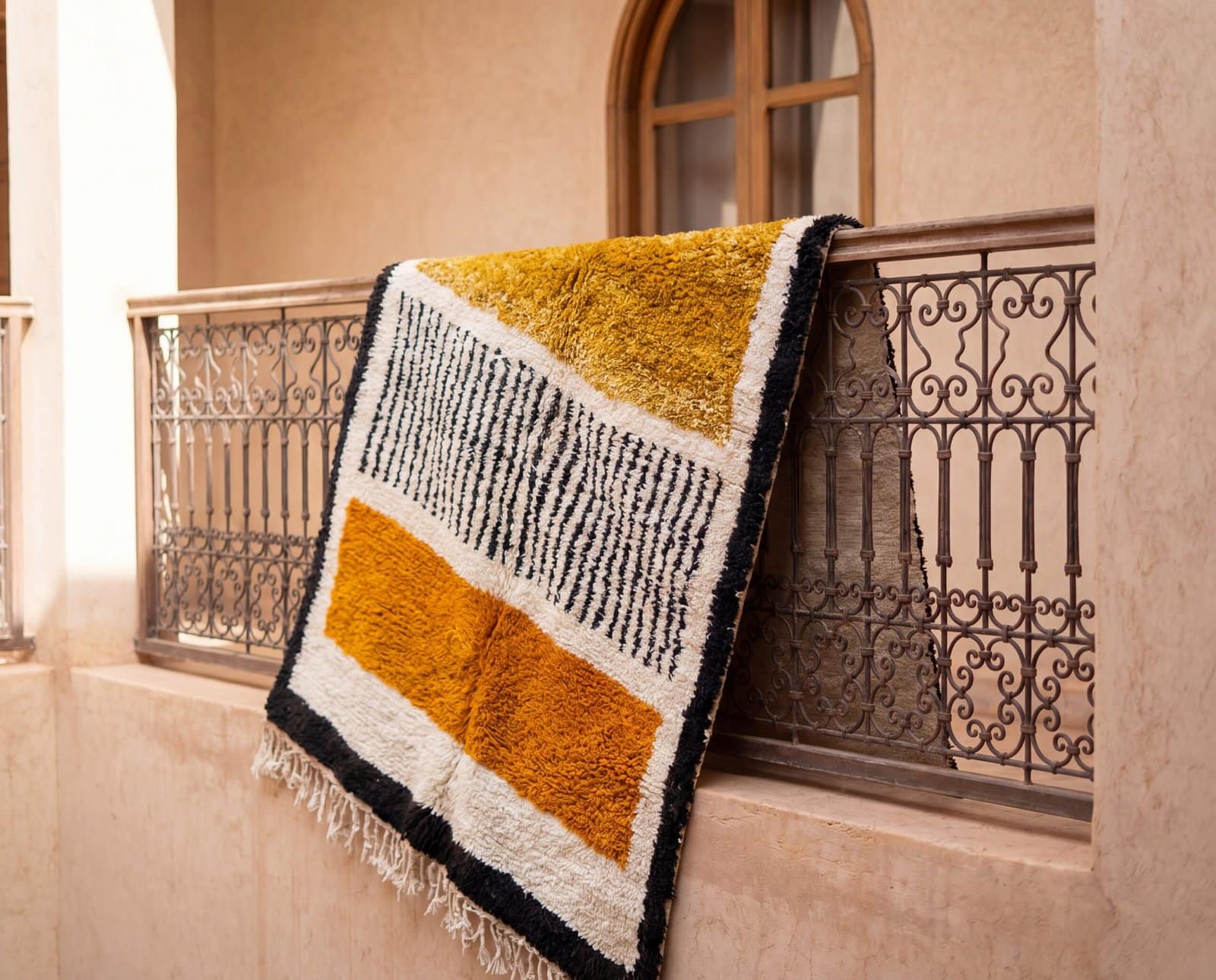 handmade-moroccan-berber-rug-modern-bohemian-wool-carpet Mustard Yellow Beni Ourain Rug | Black Geometric Striped Moroccan Wool Rug | Handwoven Berber Area Rug | Tribal Handmade Carpet | Teppich