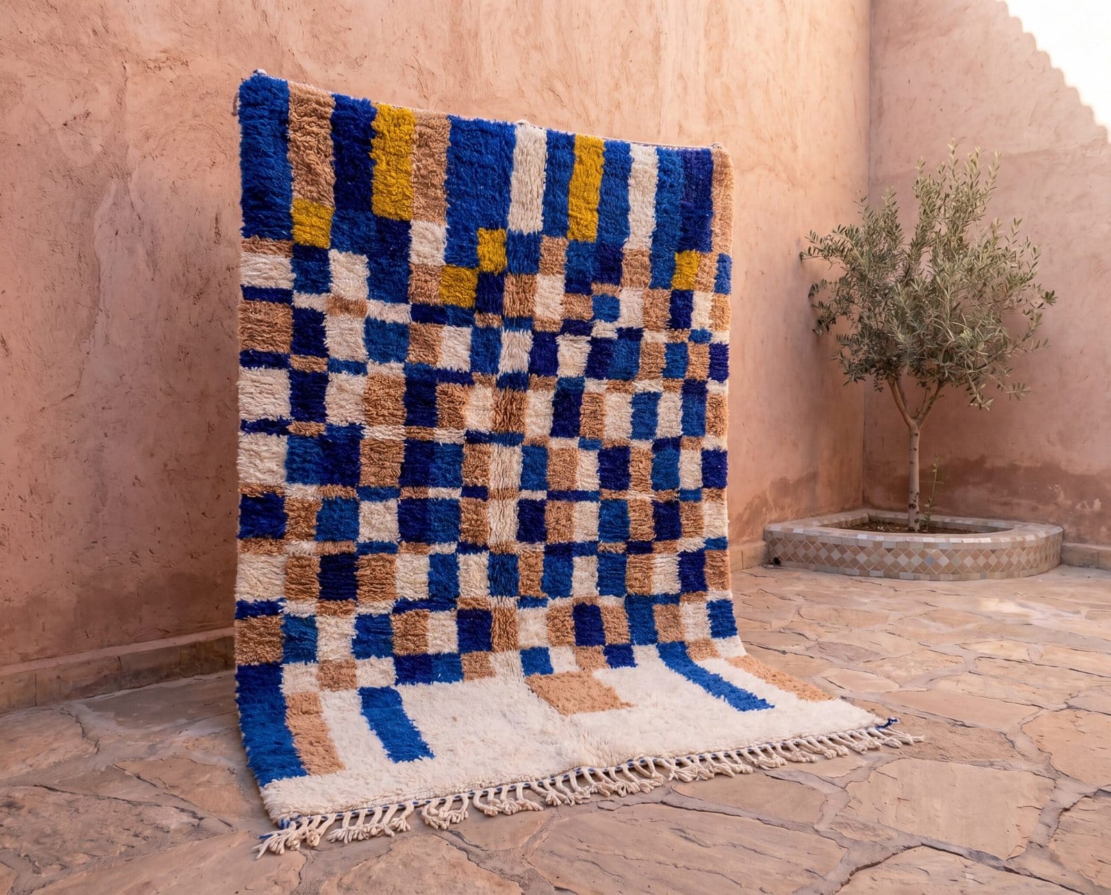 handmade-moroccan-rug-blue-beige-boho-area-rug Handmade Moroccan Azilal Rug | Blue Berber Wool Geometric Carpet