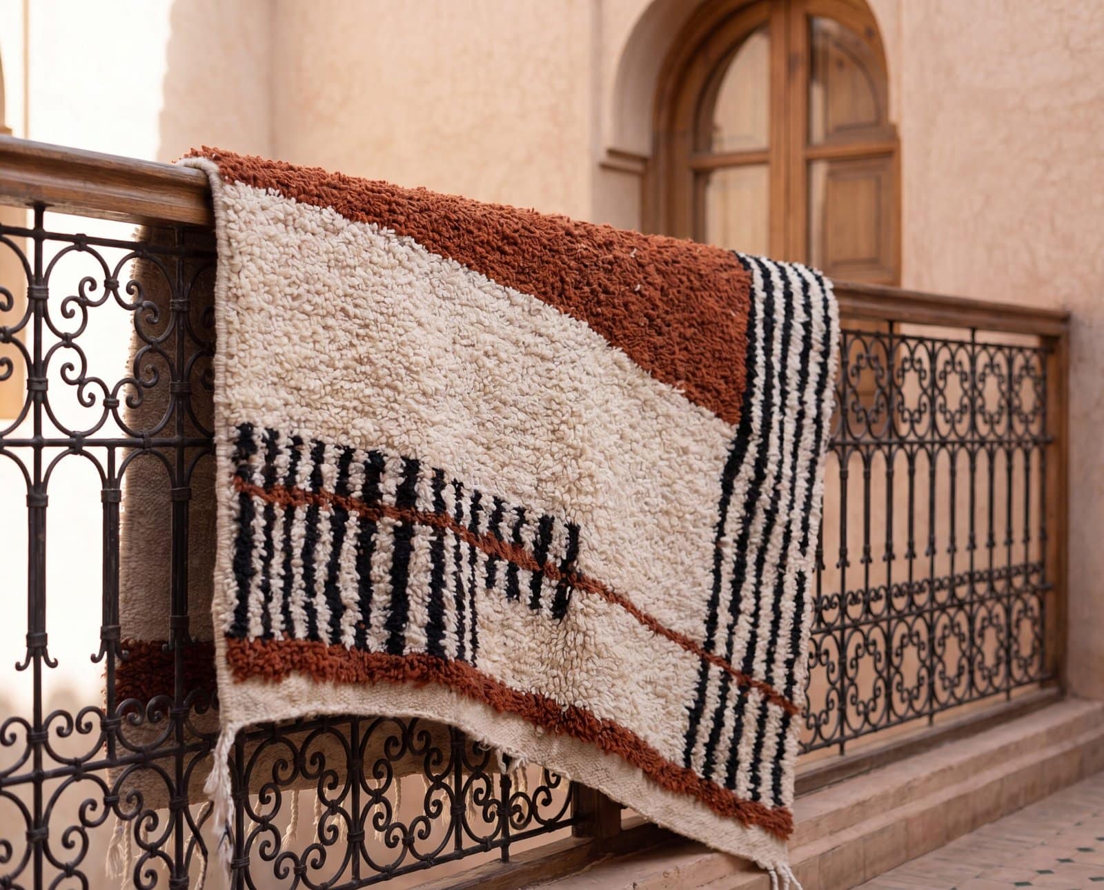 handmade-moroccan-rug-neutral-azilal-rug-rust-brown-black-striped-rug Authentic Moroccan Berber Rug, Handwoven Wool Area Rug, Neutral Boho Living Room Carpet, Geometric Decor