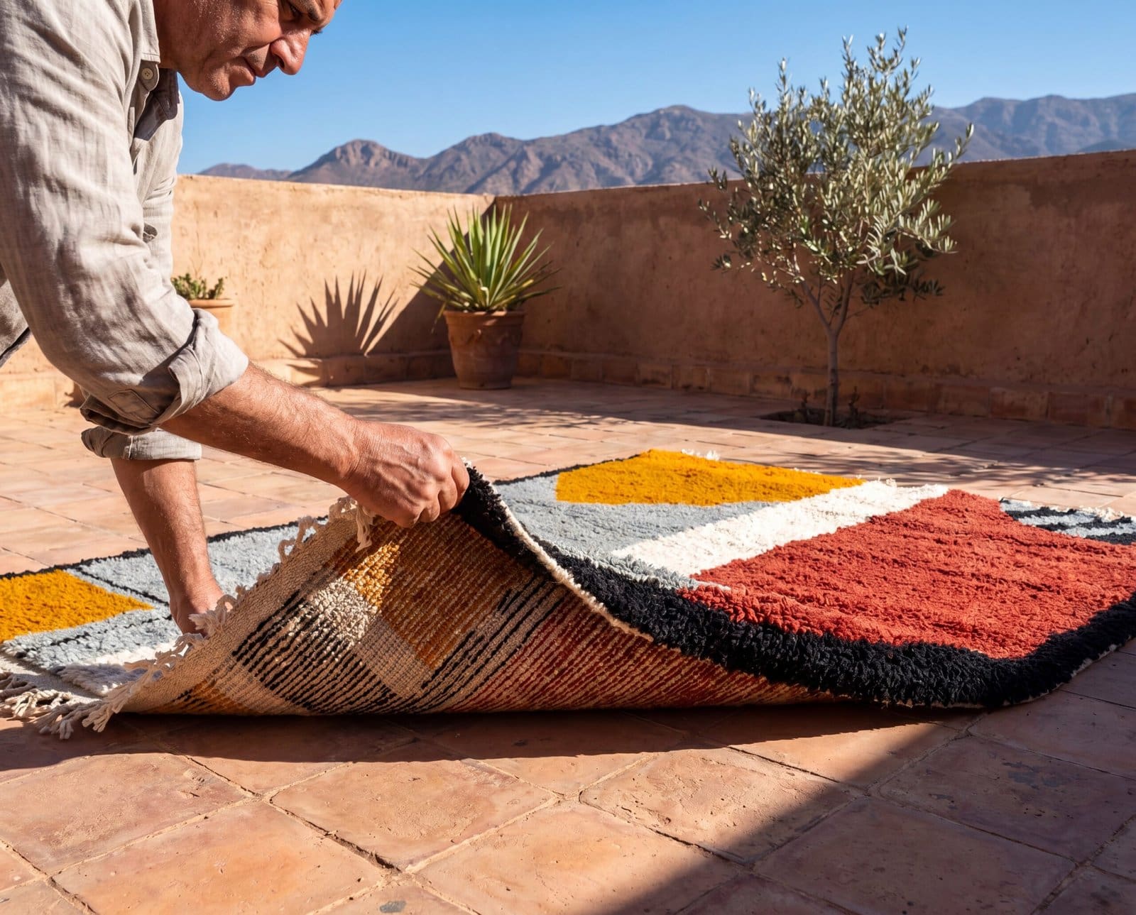 handmade-moroccan-rug-red-ochre-modern-boho-carpet Modern Colorblock Moroccan Rug | Handmade Berber Wool Area Rug | Geometric Color Block Carpet | Boho Living Room Rug | Custom Size