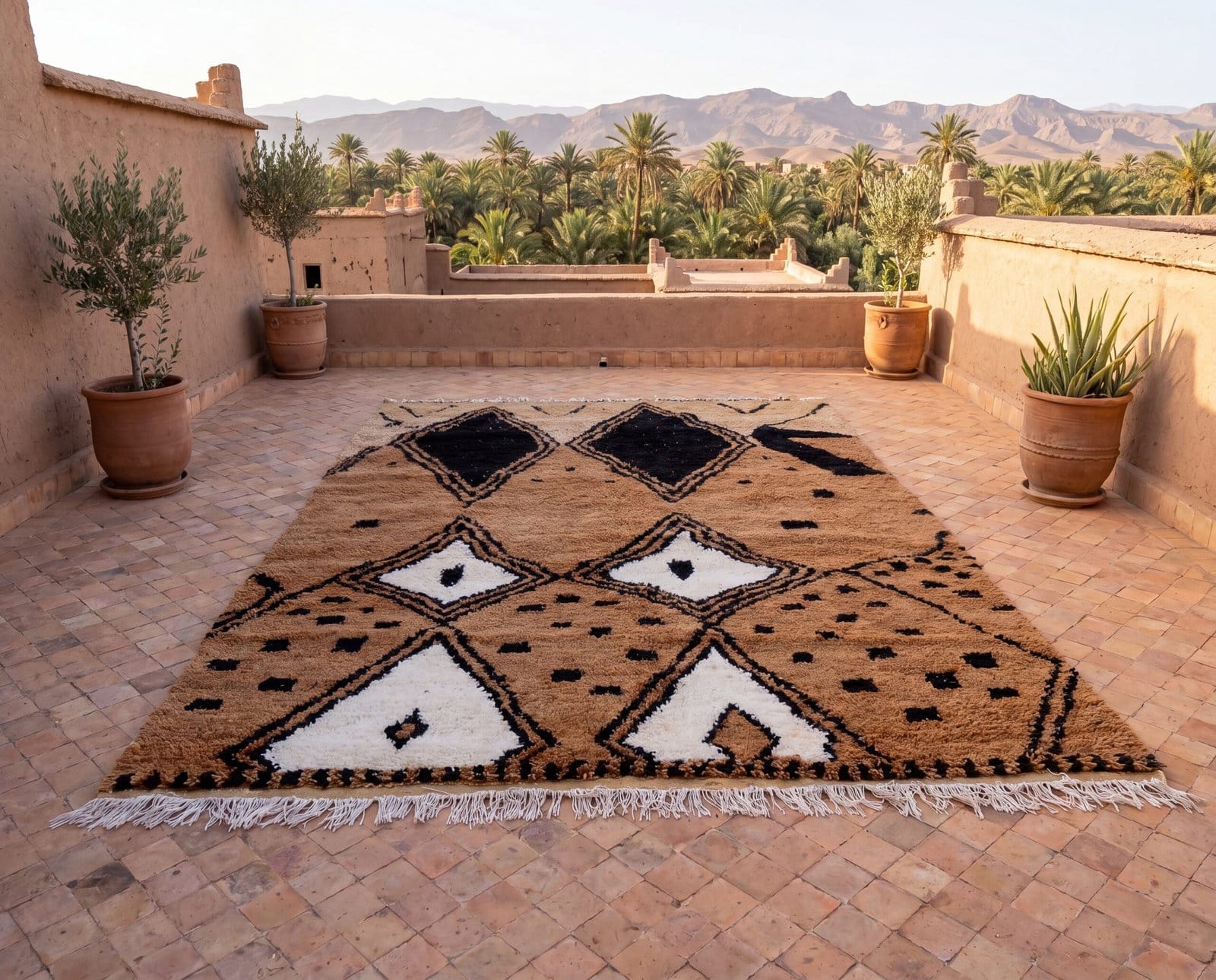 handmade-moroccan-tribal-rug-boho-living-room-rug Hand-Knotted Beni Ourain Wool Rug, Brown White Berber Shag Carpet