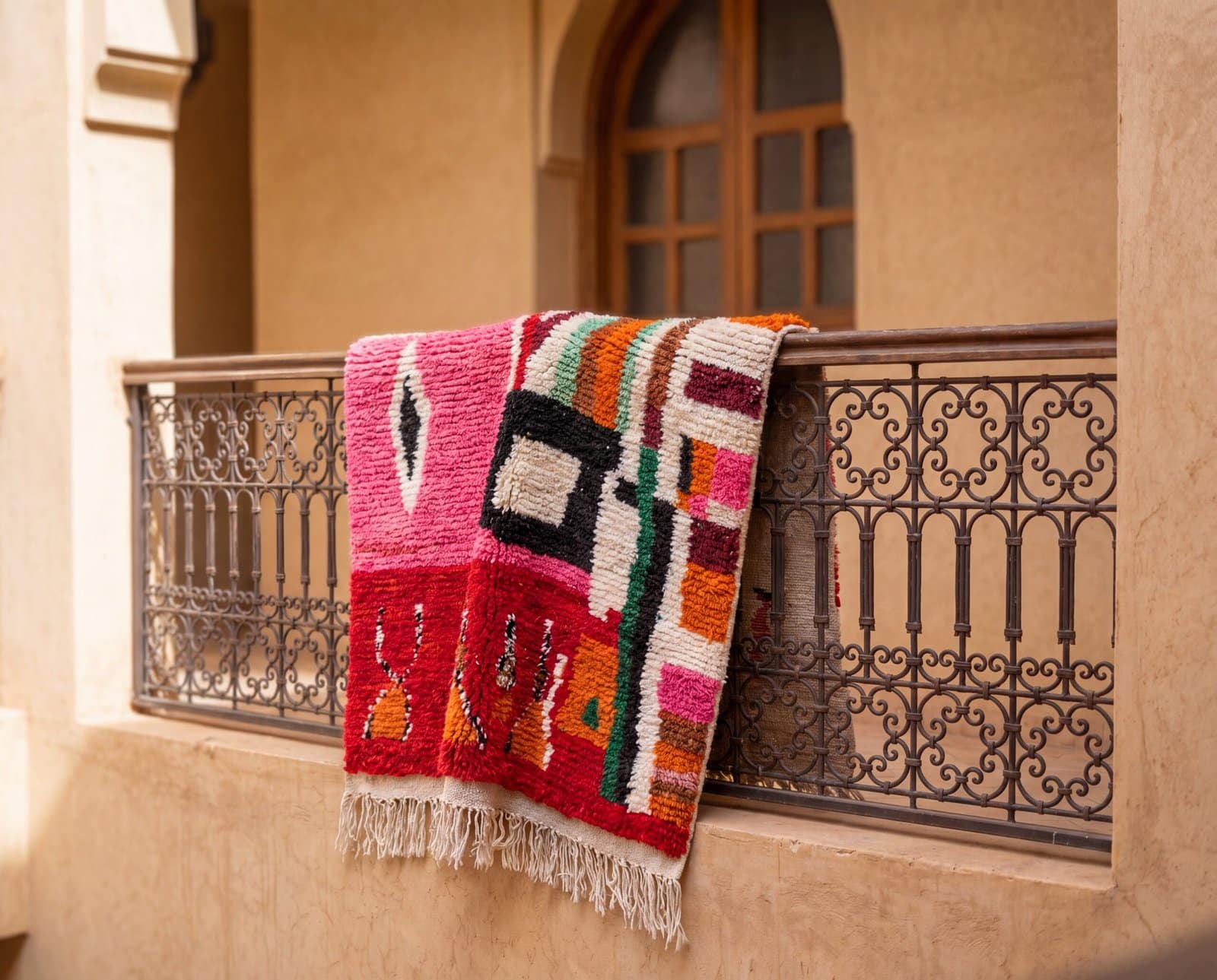 handmade-moroccan-tribal-rug-pink-red-orange-geometric-design Colorful Moroccan Azilal Rug | Handmade Abstract Berber Wool Rug | Boho Rainbow Area Rug | Tribal Handwoven Carpet | Eclectic Decor