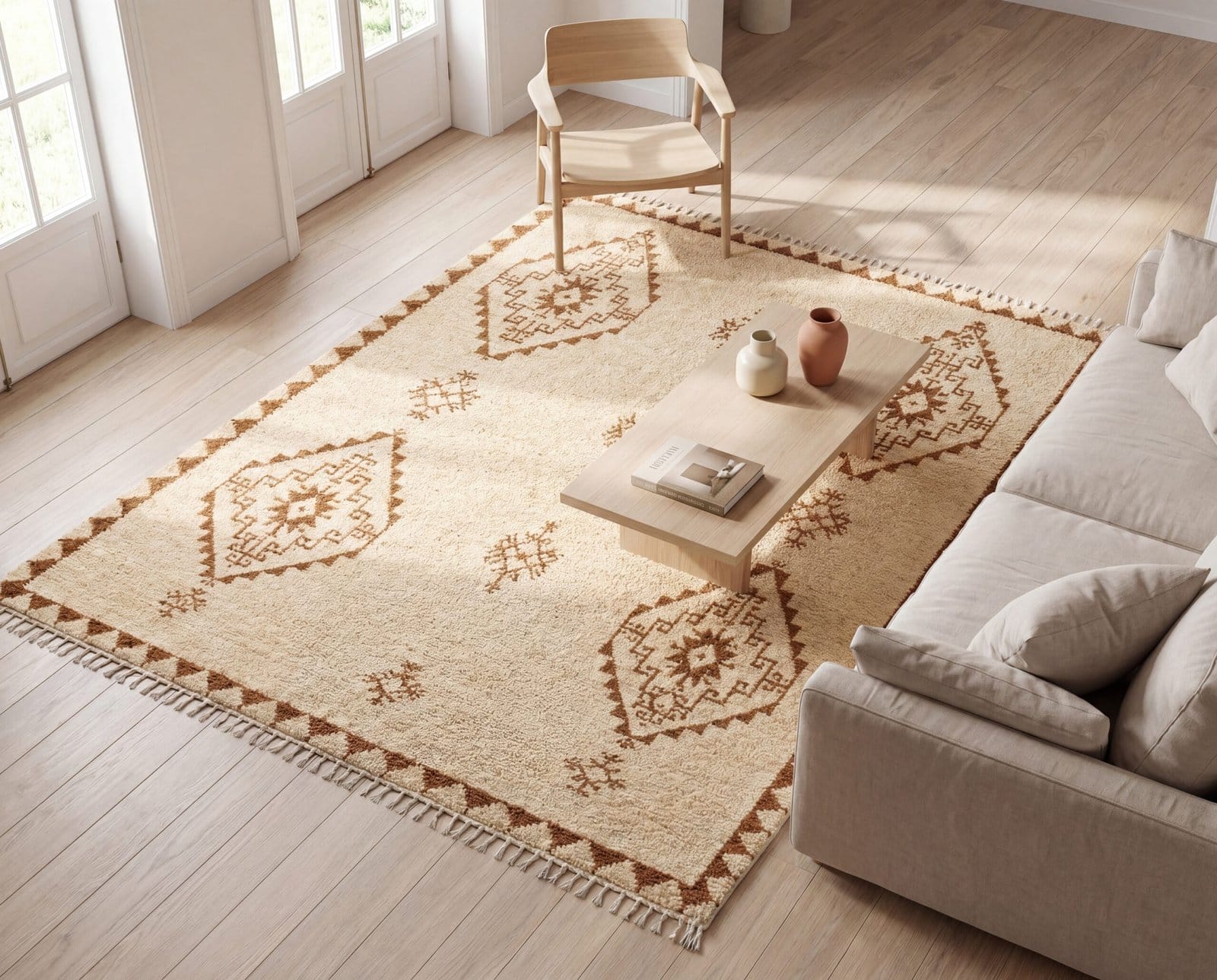 handmade-moroccan-wool-rug-beige-tribal-rug Handmade Moroccan Wool Rug, Plush creamy wool base with brown geometric motifs
