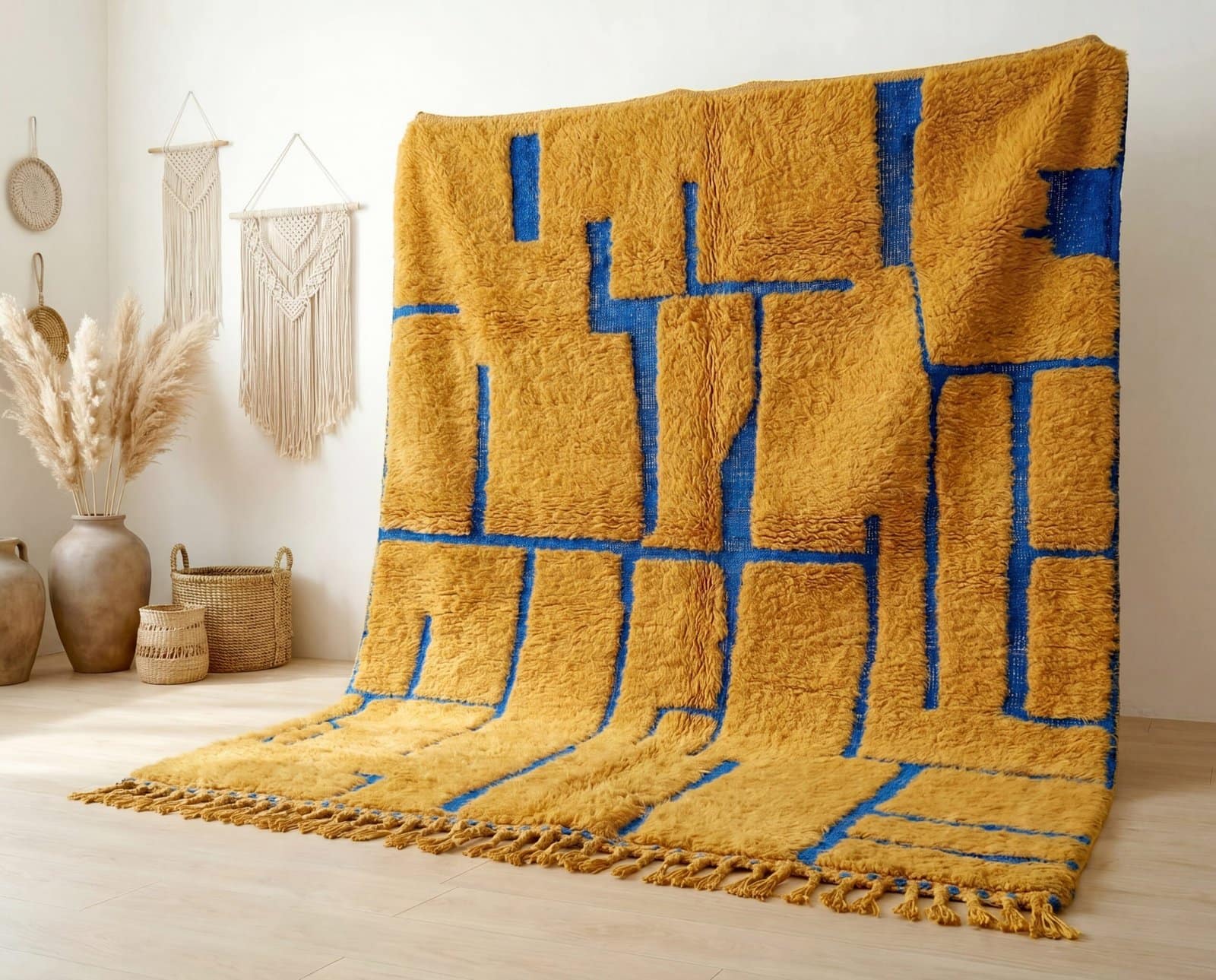 handmade-moroccan-wool-rug-blue-amber-stripes Handmade Beni Ourain Red Rug – Authentic Moroccan Red Rug, Geometric Design, Boho Home Decor