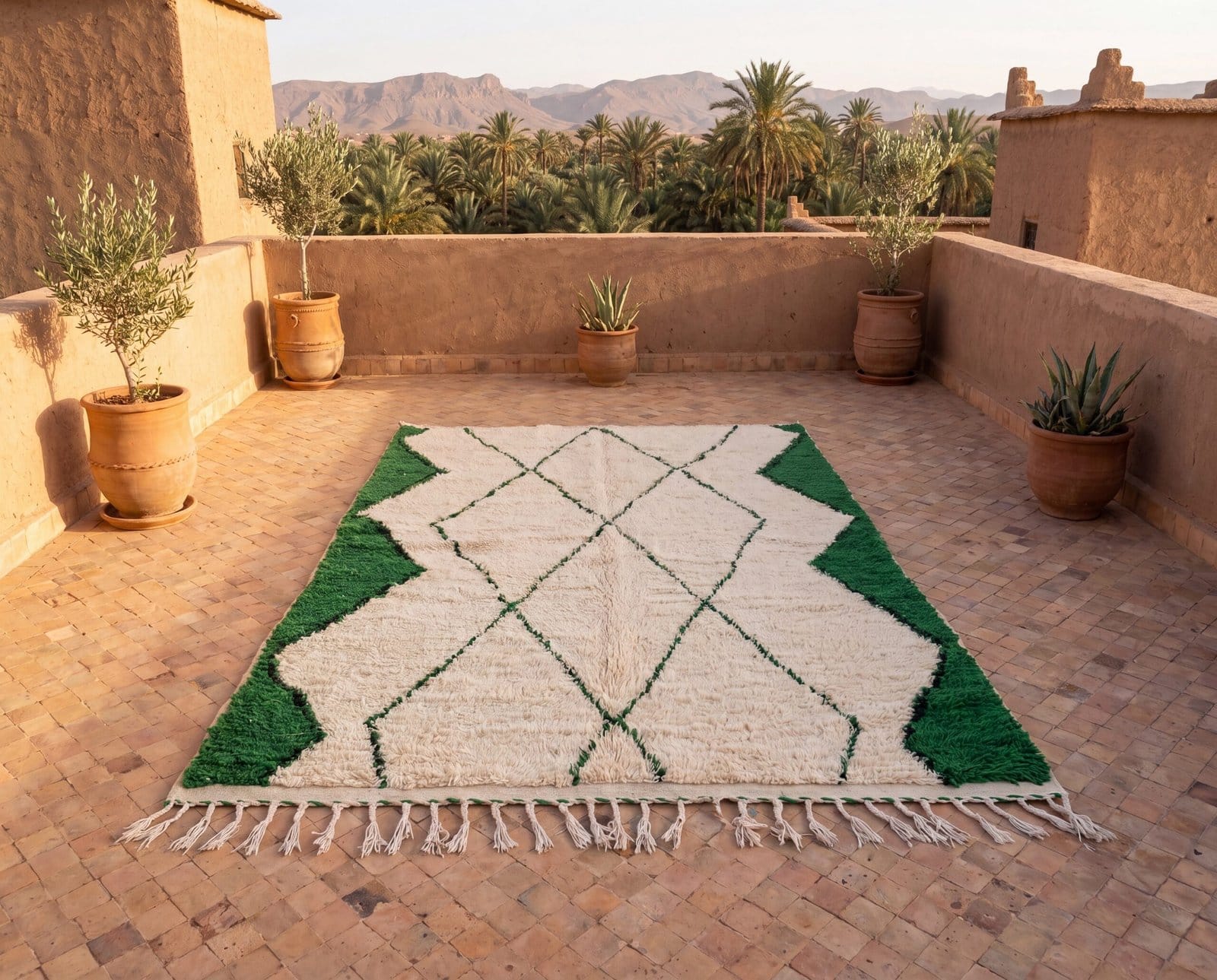 handmade-moroccan-wool-rug-green-geometric-pattern Olive Green Beni Ourain Rug | Handmade Moroccan Wool Rug | Green & White Berber Carpet | Natural Fiber Boho Area Rug