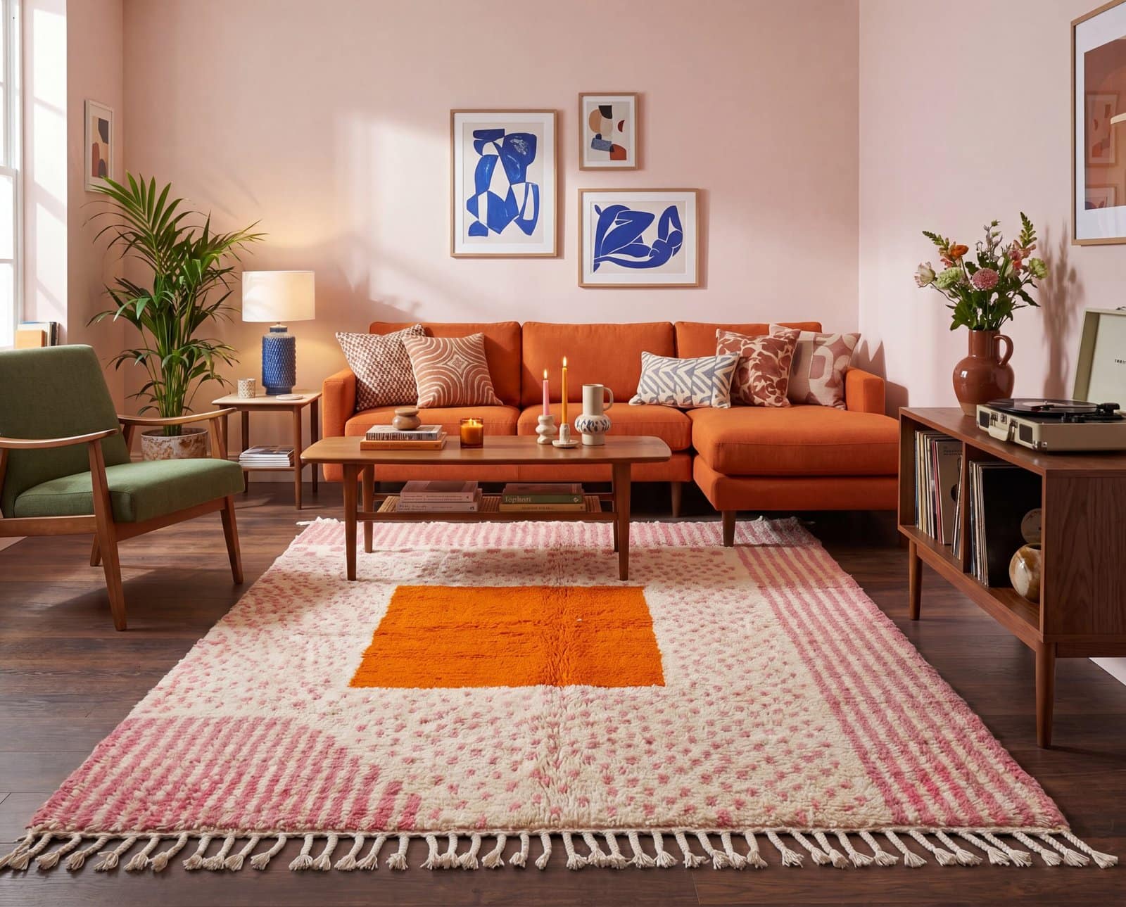 handwoven-berber-rug-pink-and-orange-boho-home-decor Handmade Moroccan Beni Ourain Rug – Pink Stripes, Orange Square Center, Boho Wool Carpet