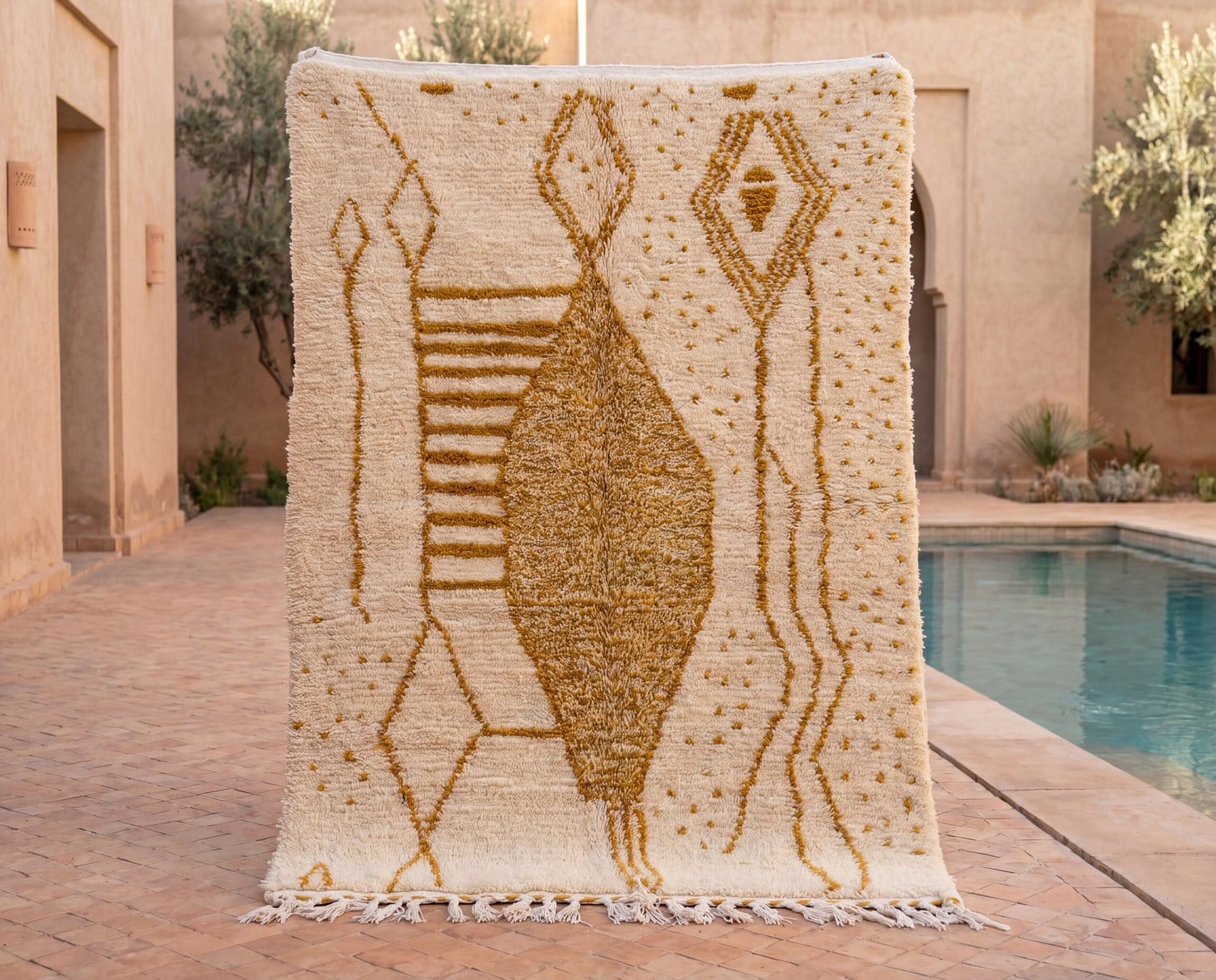 handwoven-moroccan-rug-abstract-tribal-boho-area-rug Mustard Geometric Moroccan Wool Carpet | Handmade Berber Area Rug | Boho Modern Living Room Decor