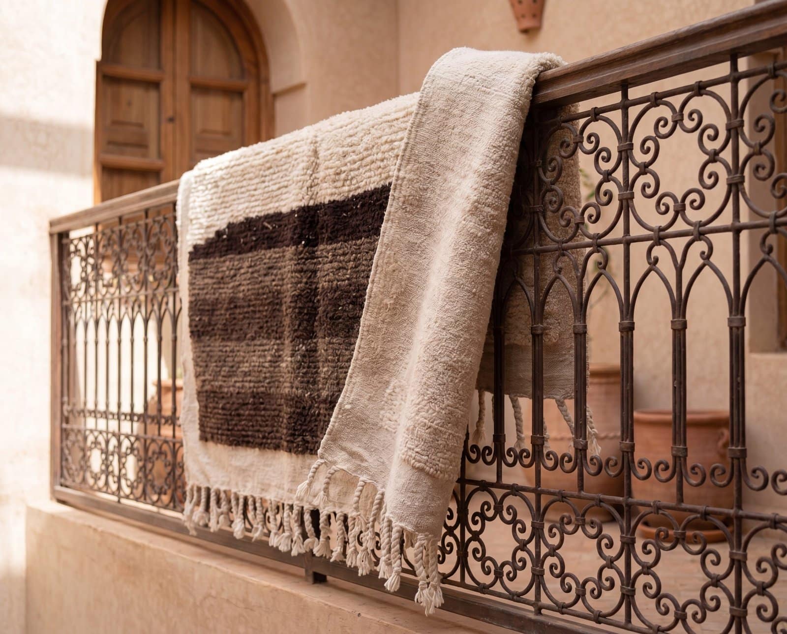 handwoven-moroccan-rug-cream-brown-geometric-rug-jpg. Luxury Beni Ourain Rug | Ivory & Brown Handmade Moroccan Wool Area Rug