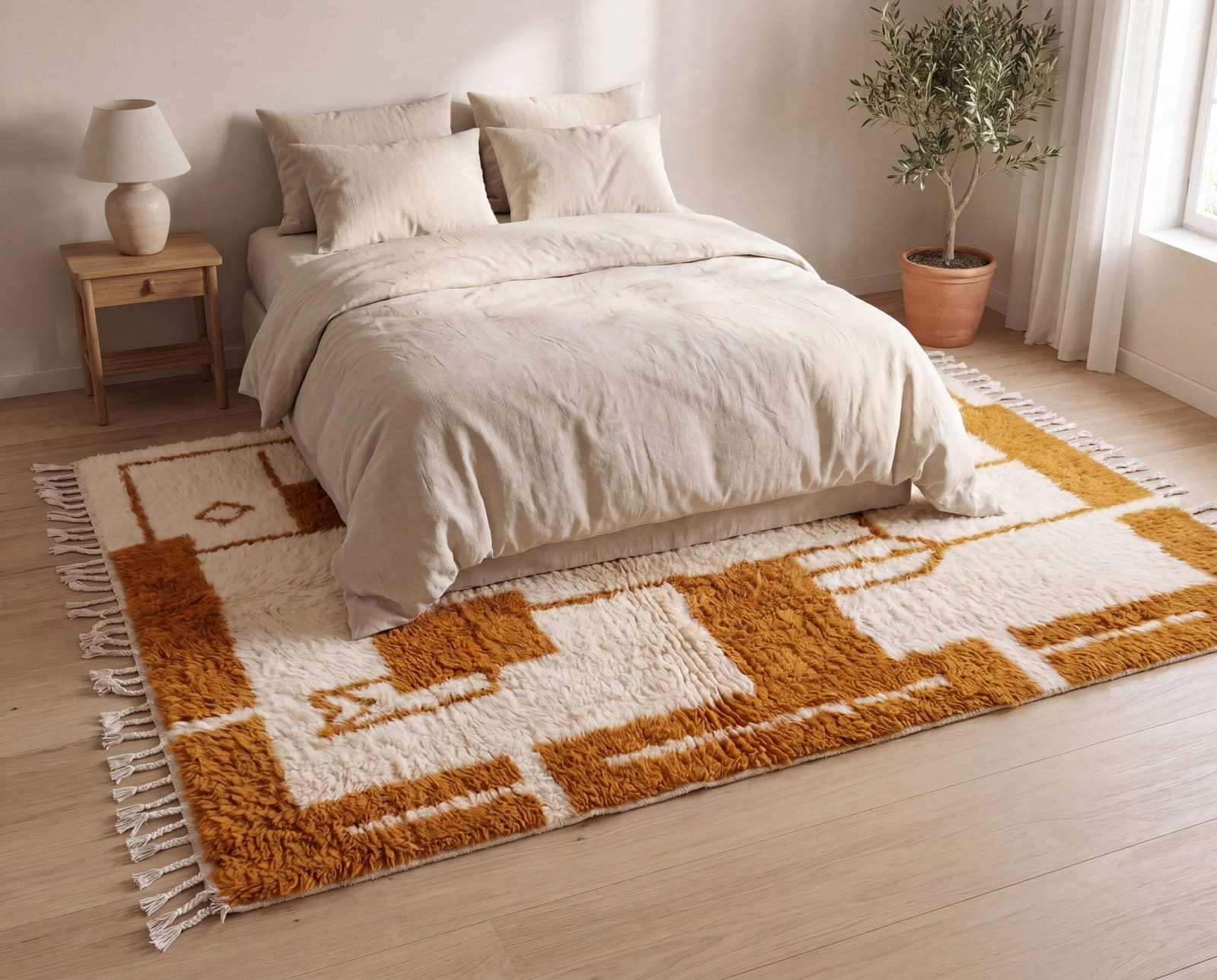 honey-mustard-beni-ourain-rug-unique-handmade-carpet Beni Ourain Rug, Plush creamy wool base with brown geometric motifs, Berber Rug, Home Decor Rug.