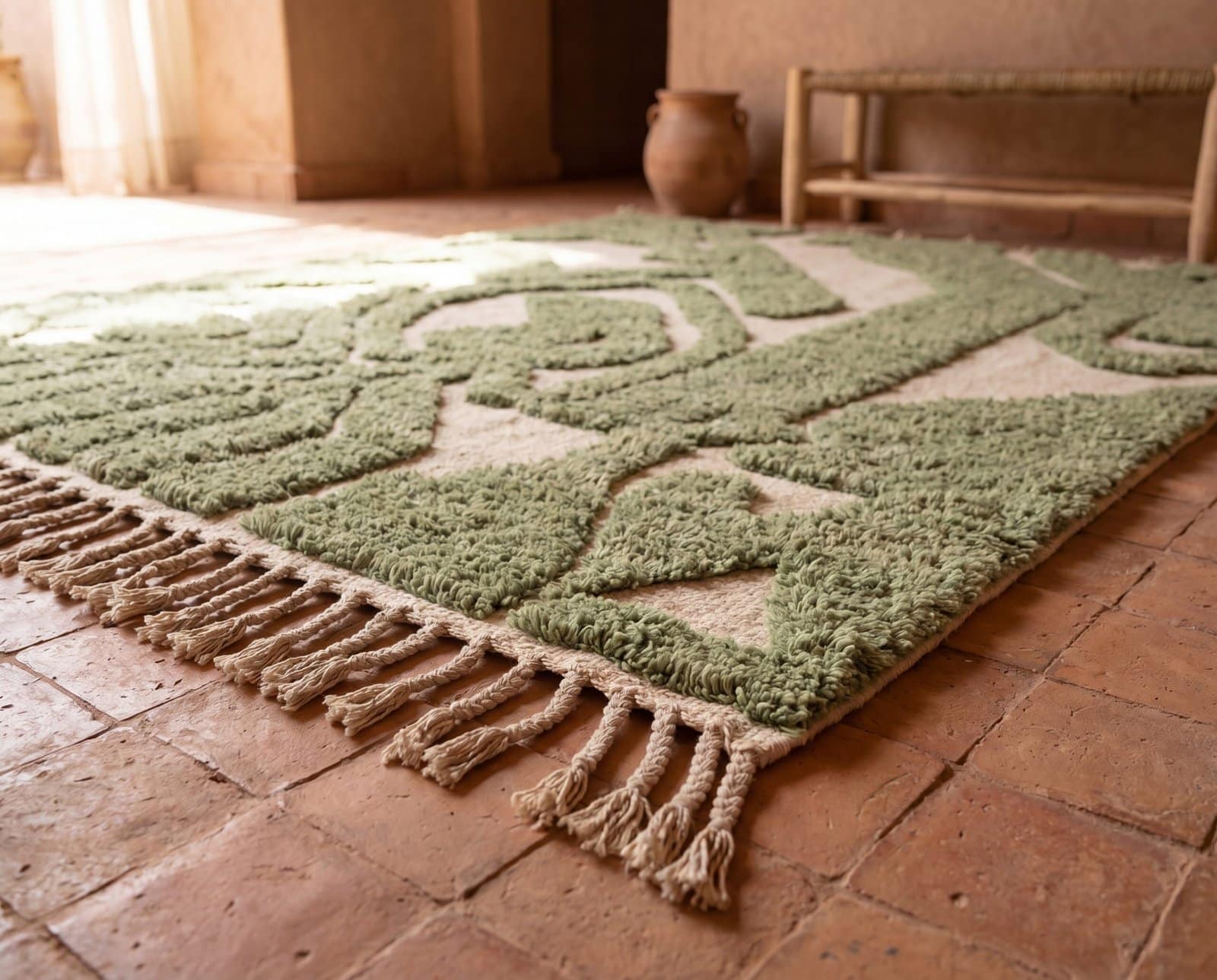 irregular-abstract-wool-rug-hand-tufted-berber-carpet Handmade Olive Green Moroccan Wool Rug, Abstract Berber Shag Area Carpet
