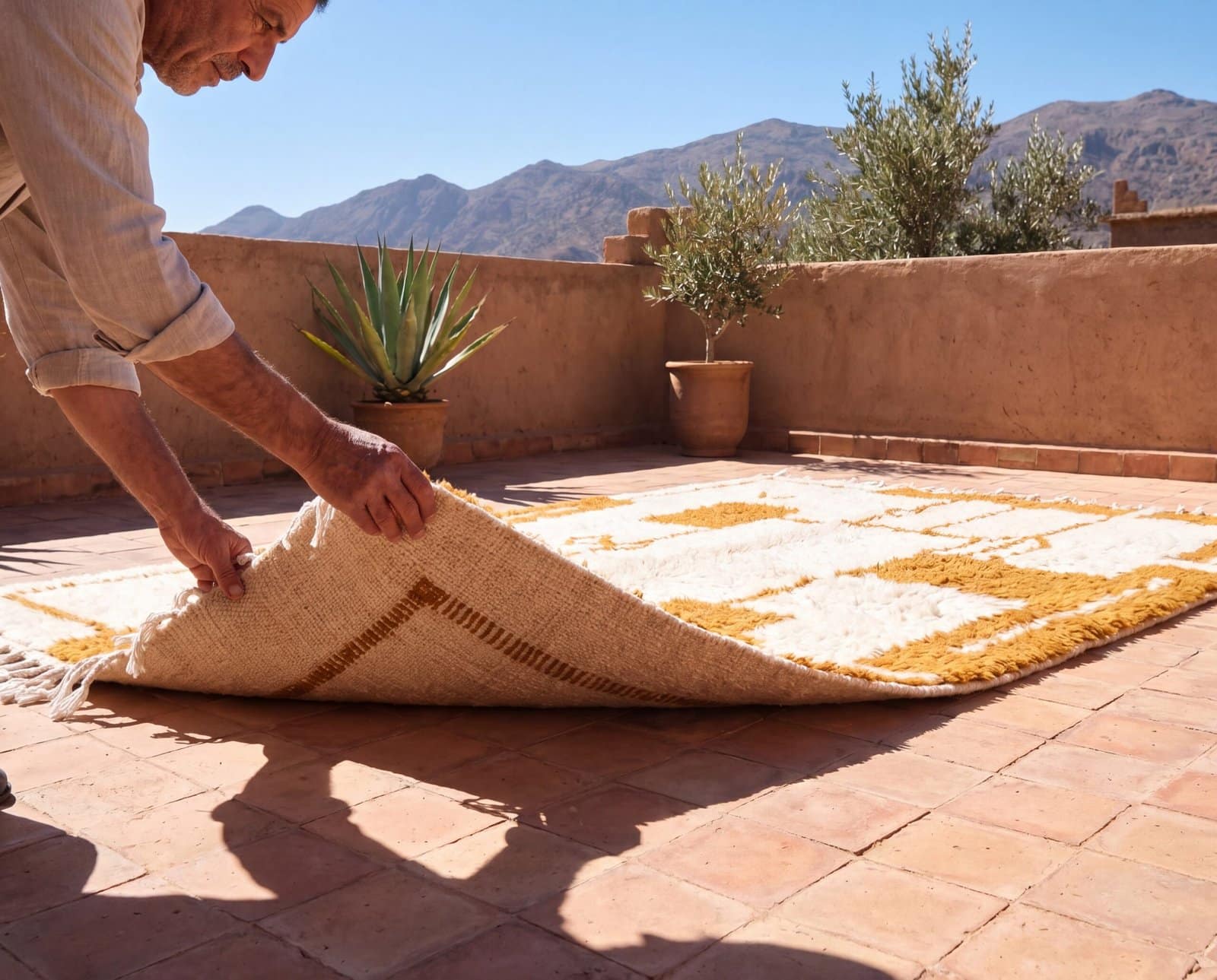 ivory-white-moroccan-rug-handmade-geometric-wool-area-rug Beni Ourain Rug, Plush creamy wool base with brown geometric motifs, Berber Rug, Home Decor Rug.