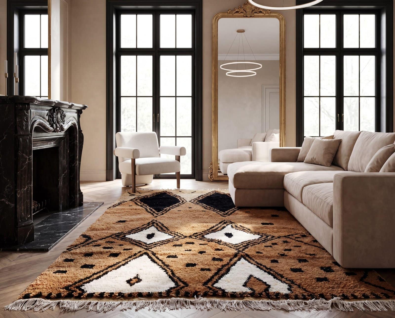large-moroccan-area-rug-brown-black-geometric-rug Hand-Knotted Beni Ourain Wool Rug, Brown White Berber Shag Carpet