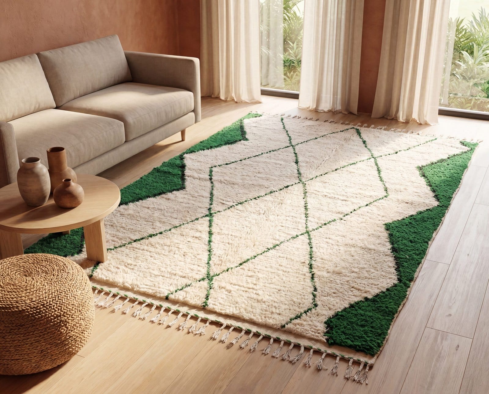 large-moroccan-area-rug-green-beni-ourain-style Olive Green Beni Ourain Rug | Handmade Moroccan Wool Rug | Green & White Berber Carpet | Natural Fiber Boho Area Rug