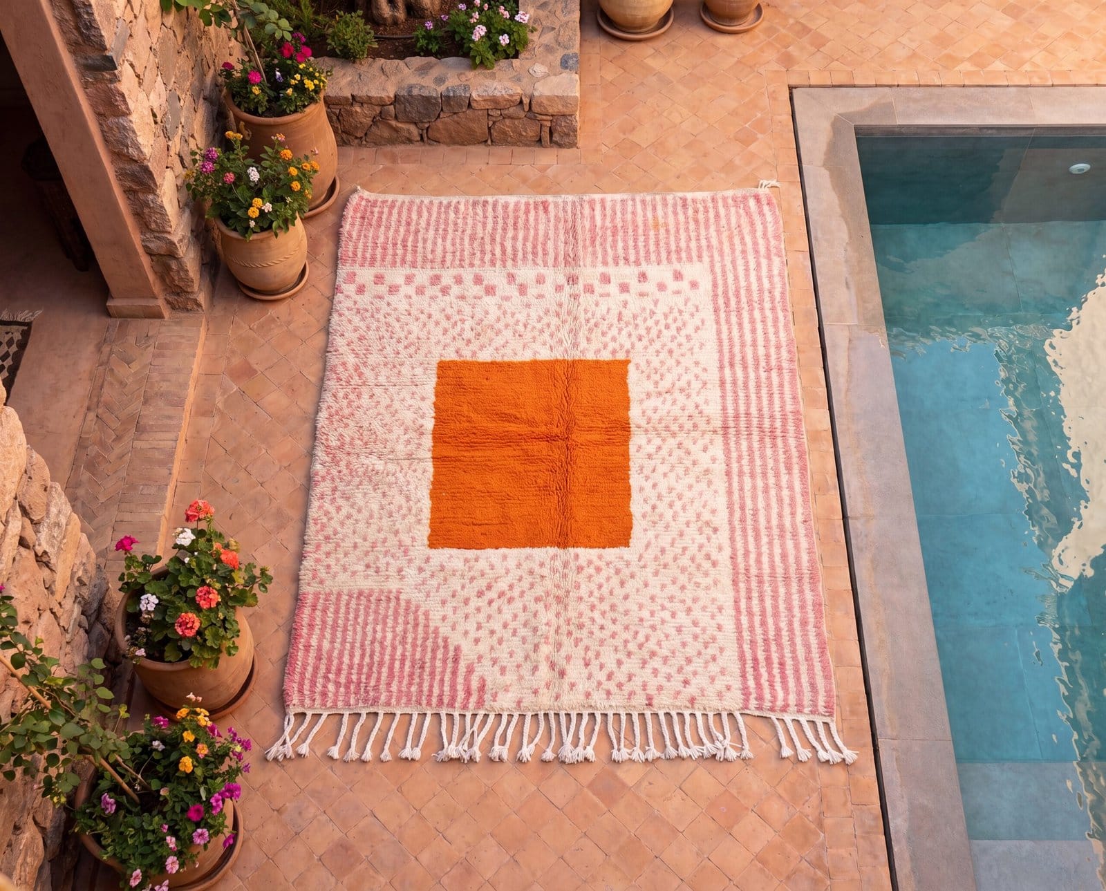 large-moroccan-area-rug-pink-orange-living-room-carpet Handmade Moroccan Beni Ourain Rug – Pink Stripes, Orange Square Center, Boho Wool Carpet
