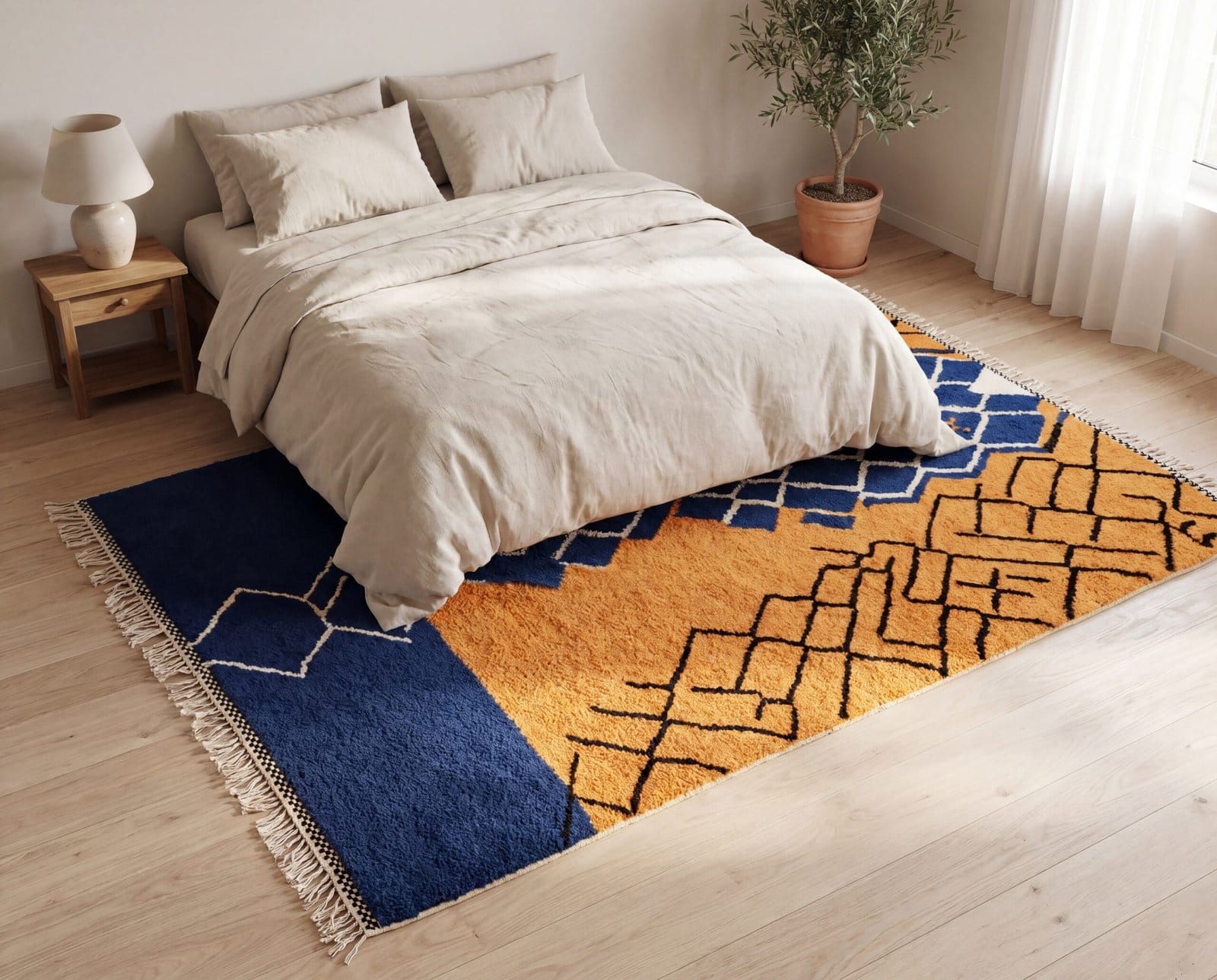 luxury-berber-blue-wool-rug-modern-minimalist-moroccan-rug Handmade Beni Ourain Wool Rug – Moroccan Berber Boho Carpet, Blue Orange Geometric Design