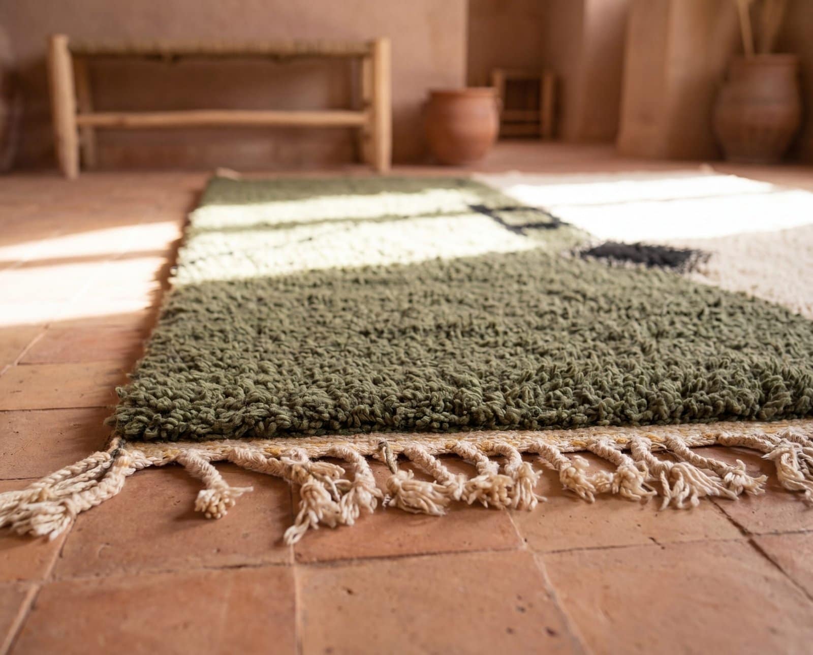 luxury-green-berber-rug-handwoven-wool-rug Olive Green Beni Ourain Rug- Handmade Moroccan Wool Carpet - Minimalist Berber Shag Rug