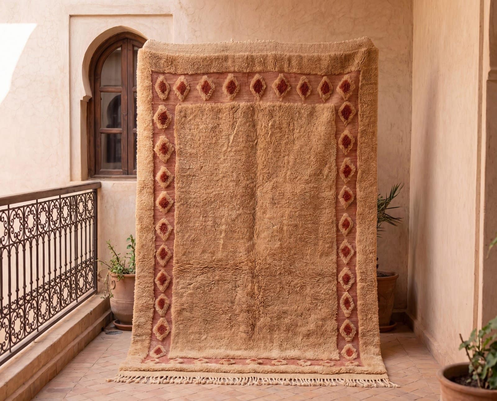 luxury-moroccan-area-rug-beige-terracotta-pattern Handmade Moroccan Berber Rug | Plush Beige Wool Area Rug with Tribal Red Border | Boho Luxury Home Decor Carpet for Living Room & Bedroom