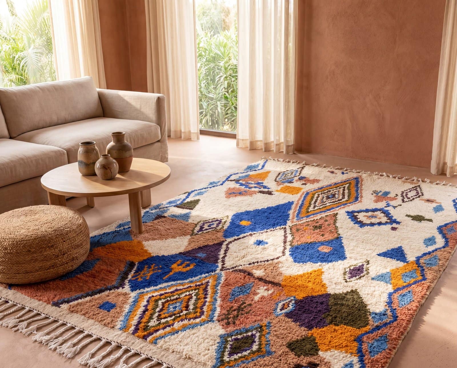 luxury-moroccan-area-rug-colorful-geometric-boho-style Handmade Moroccan Azilal Rug, Colorful Tribal Geometric Berber Carpet