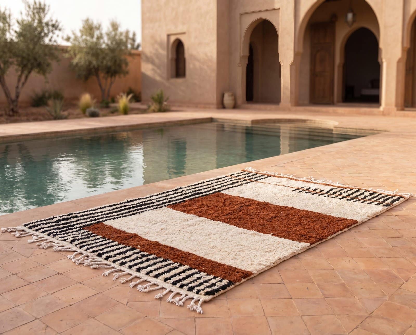luxury-moroccan-berber-rug-rust-brown-ivory-minimalist-home-decor Authentic Moroccan Berber Rug, Handwoven Wool Area Rug, Neutral Boho Living Room Carpet, Geometric Decor