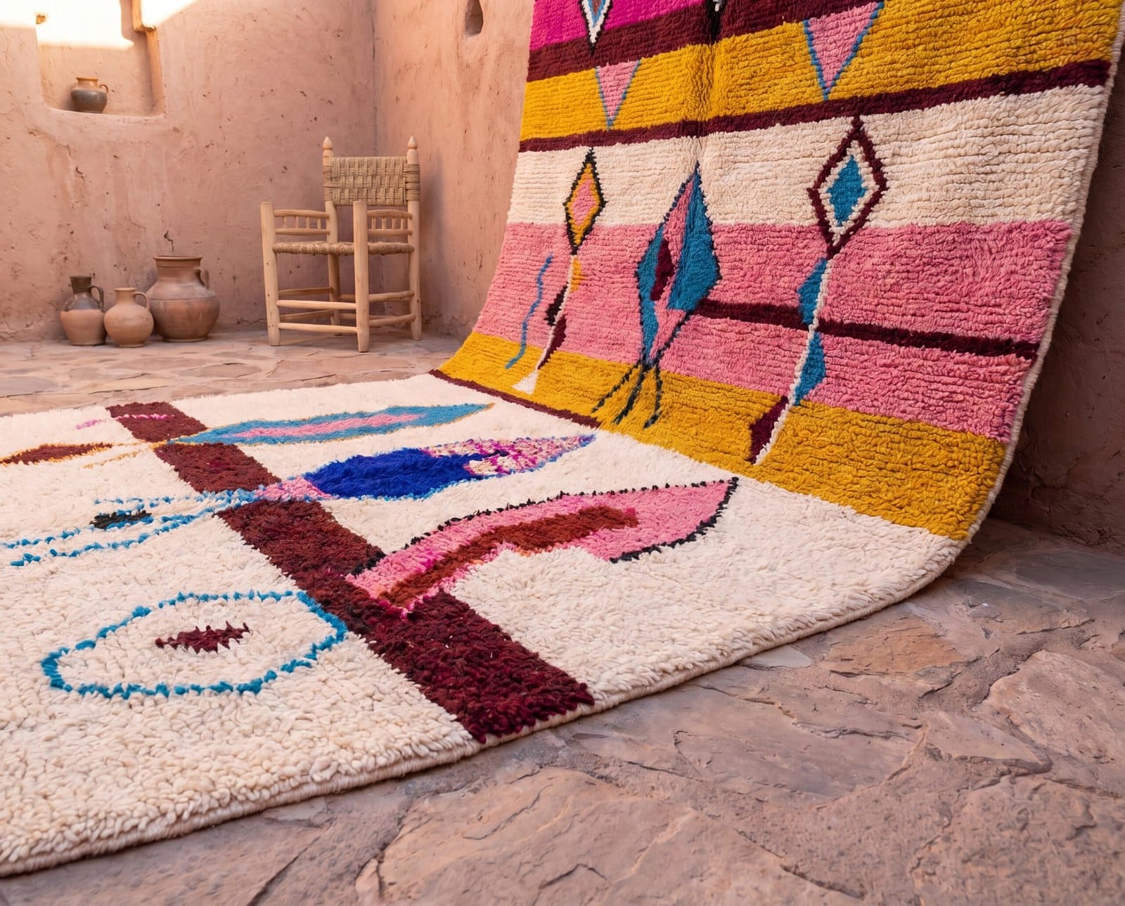 luxury-moroccan-rug-abstract-tribal-wool-rug Pink Moroccan Berber Rug | Handmade Colorful Wool Area Rug | Plush Boho Tribal Carpet | Cream Living Room Decor | Custom Size