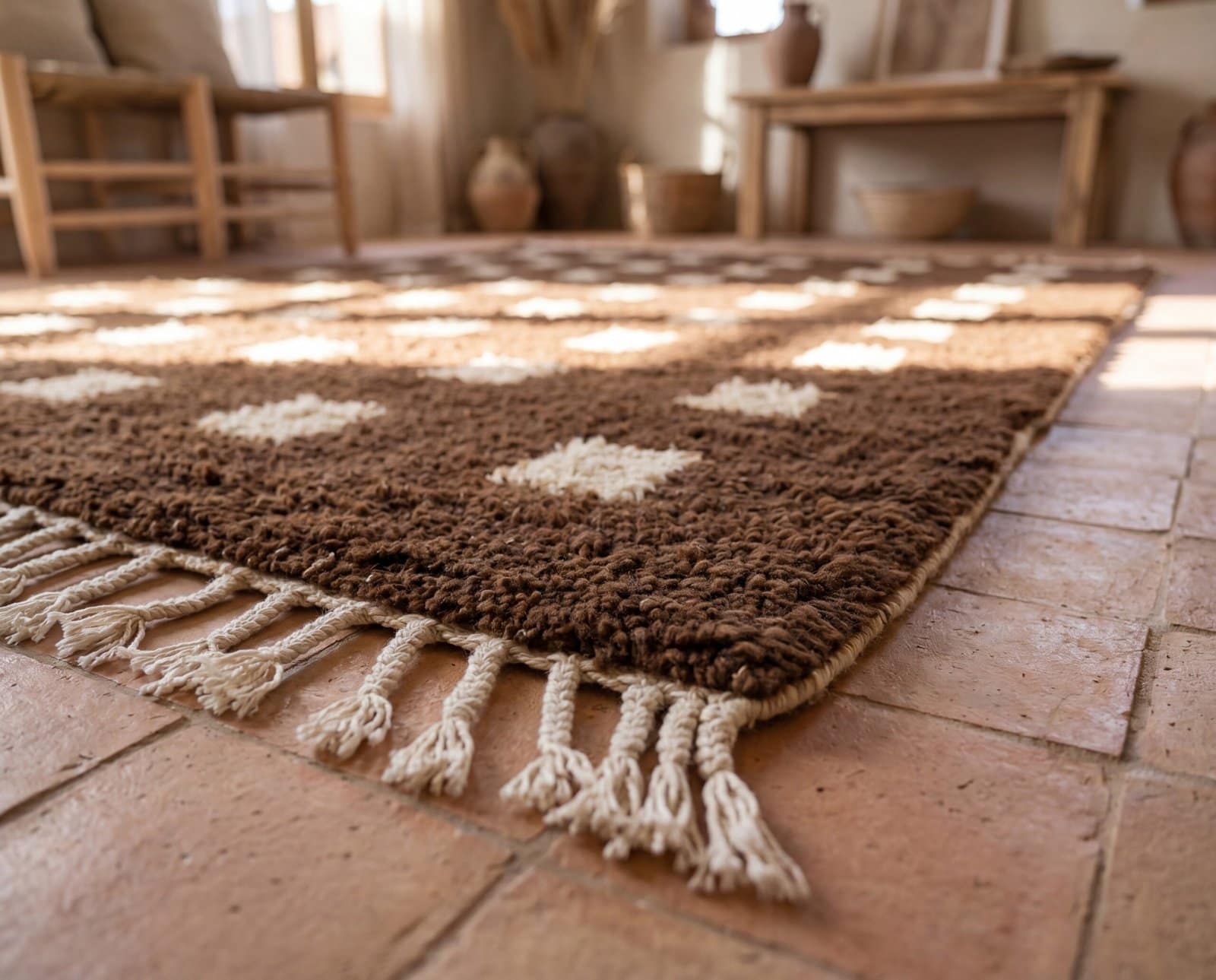 luxury-moroccan-wool-rug-checkered-boho-carpet Custom Moroccan Rug, Beni Ourain Brown & White Geometric, Square Shag Rug, Handmade Area Rug