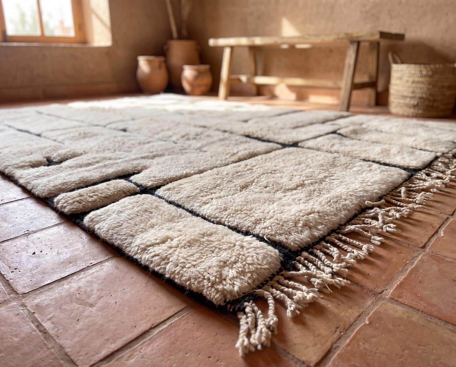minimalist-decor-rug-natural-ivory-wool-area-rug Handmade Ivory Moroccan Beni Mrirt Rug, High Pile Wool Berber Carpet