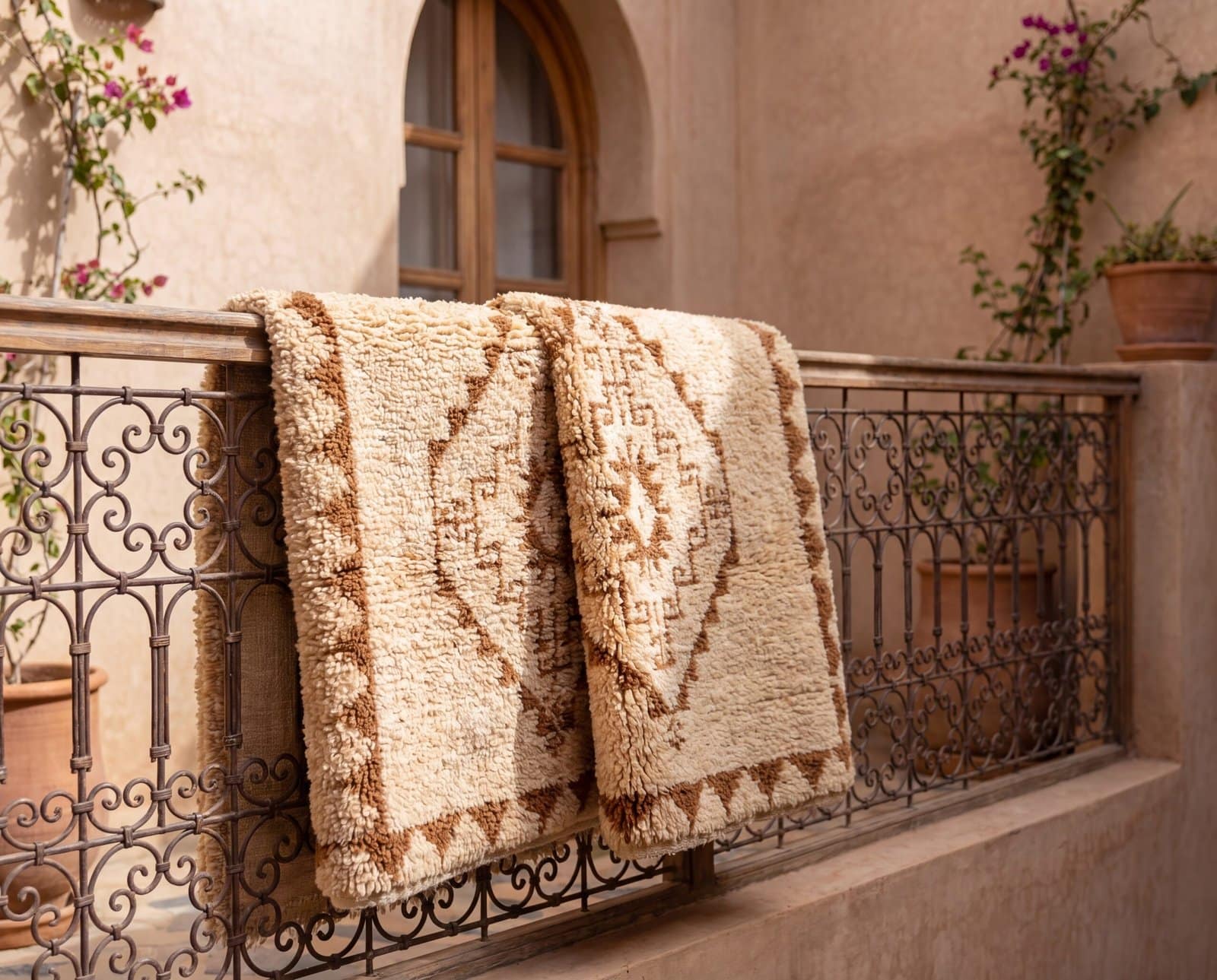 modern-moroccan-area-rug-tribal-bohemian-style Handmade Moroccan Wool Rug, Plush creamy wool base with brown geometric motifs