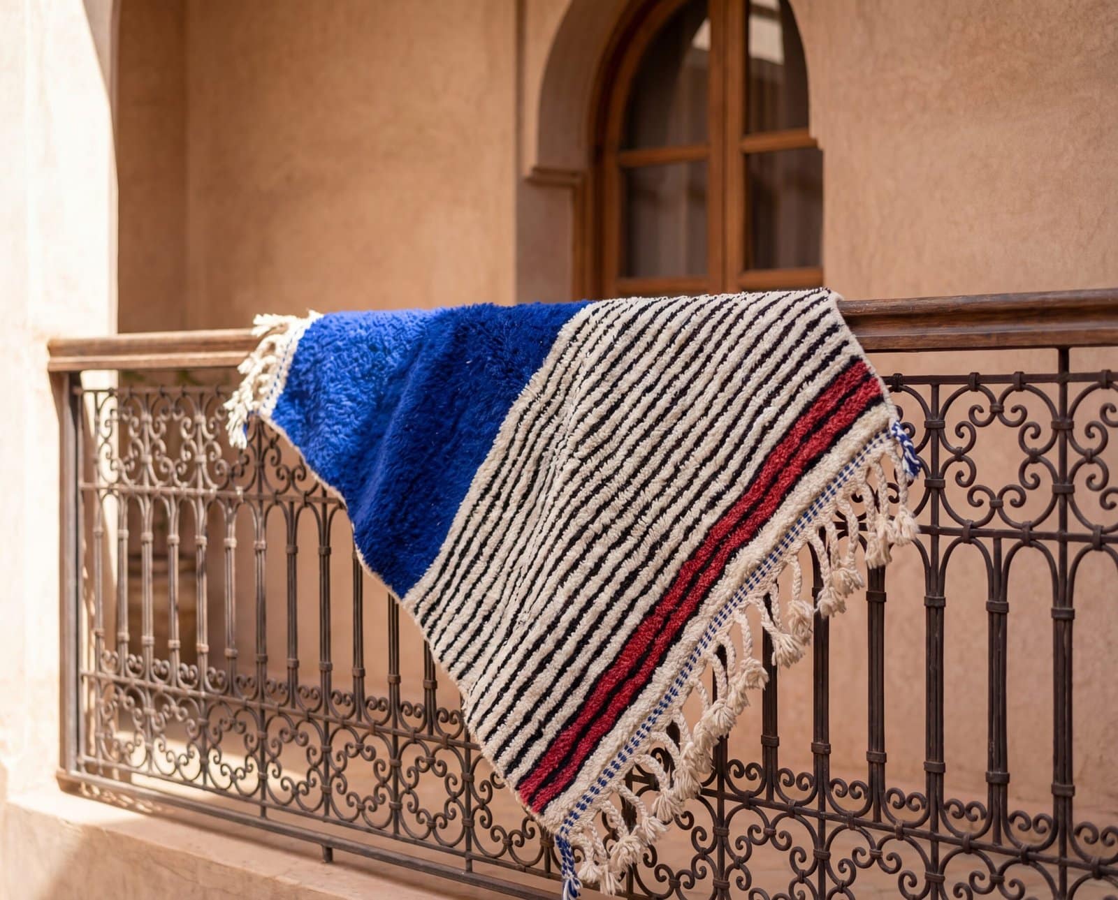 modern-moroccan-berber-rug-blue-cream-red-accent-rug Cobalt Blue Berber Rug | Authentic Handwoven Wool Tribal Moroccan Area Rug