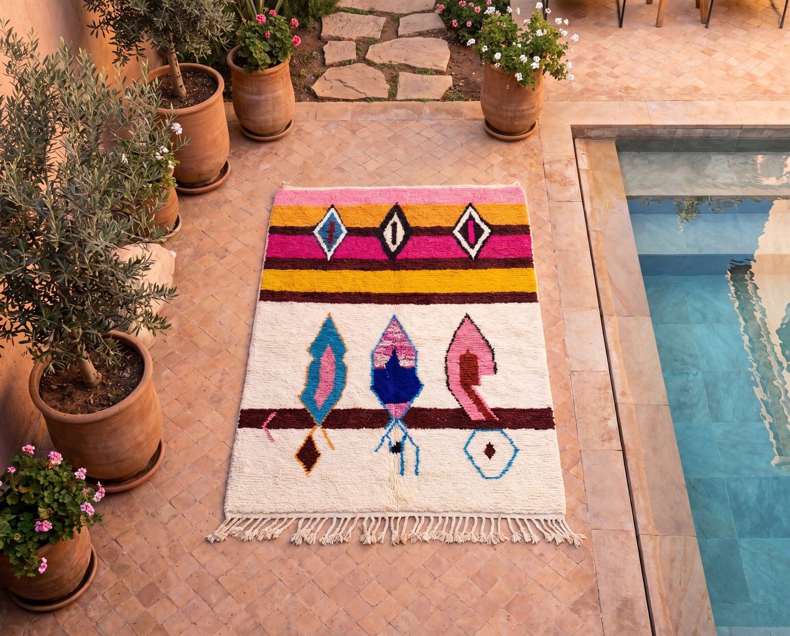 modern-moroccan-rug-colorful-geometric-area-rug Pink Moroccan Berber Rug | Handmade Colorful Wool Area Rug | Plush Boho Tribal Carpet | Cream Living Room Decor | Custom Size