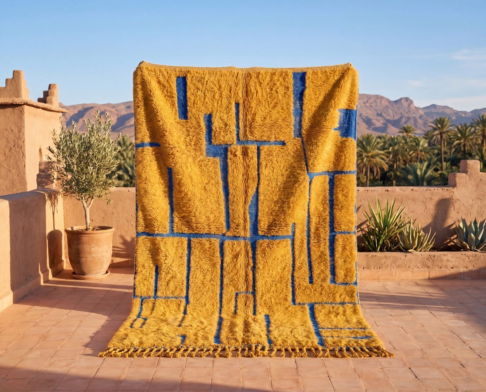 moroccan-area-rug-blue-gold-handwoven Handmade Beni Ourain Red Rug – Authentic Moroccan Red Rug, Geometric Design, Boho Home Decor