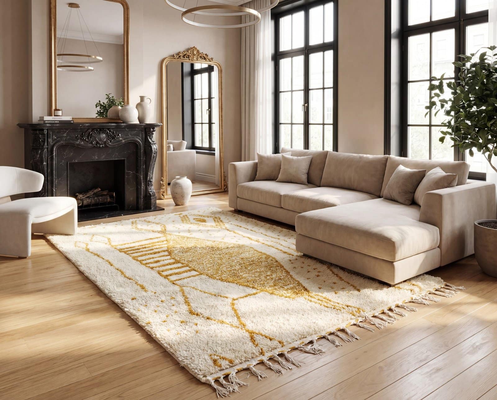 moroccan-area-rug-hand-knotted-boho-living-room-rug Mustard Geometric Moroccan Wool Carpet | Handmade Berber Area Rug | Boho Modern Living Room Decor